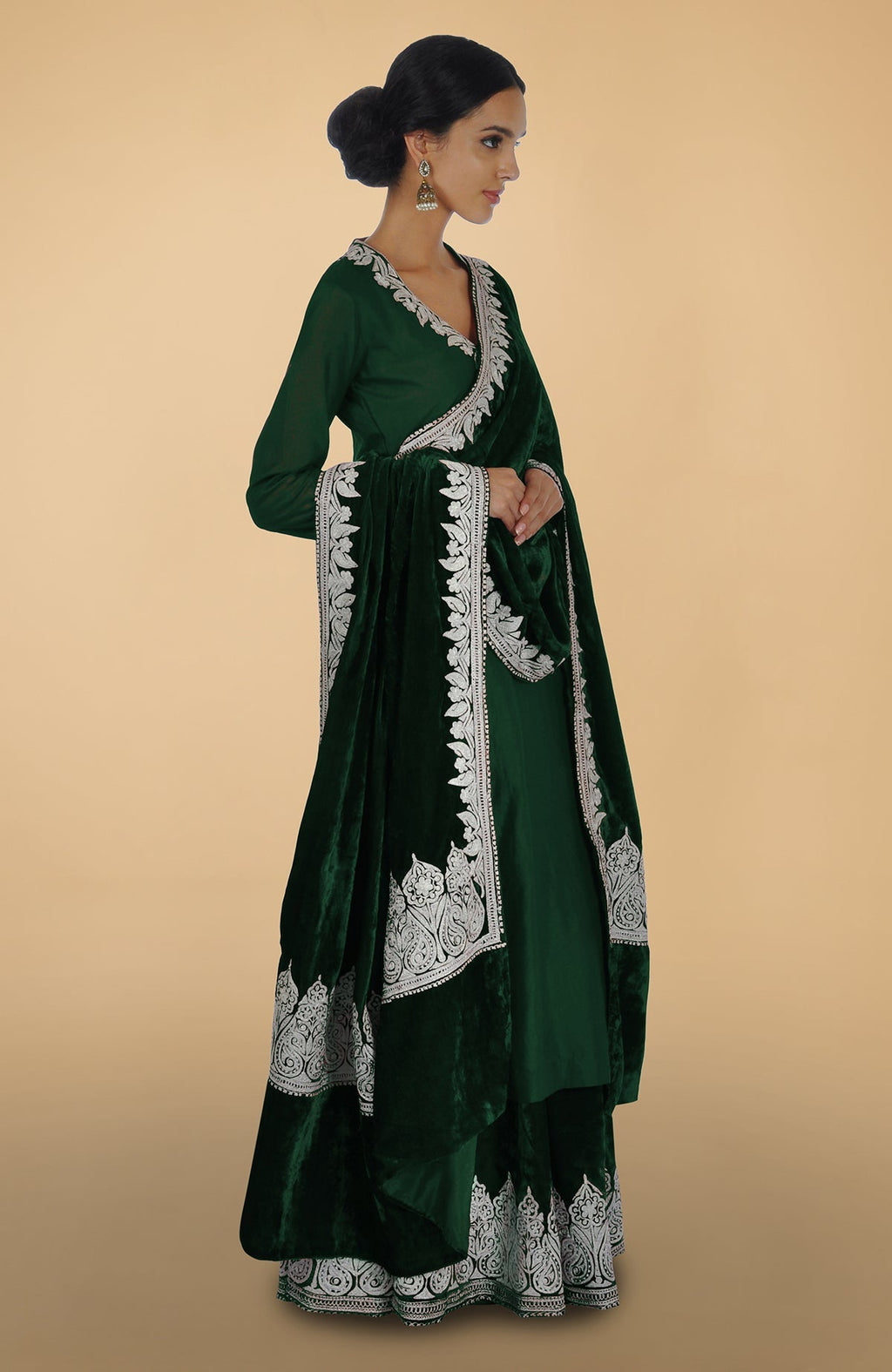 Emerald silk lehenga set with silver Kashmiri Tilla Aari embroidery on skirt, kurta, and dupatta