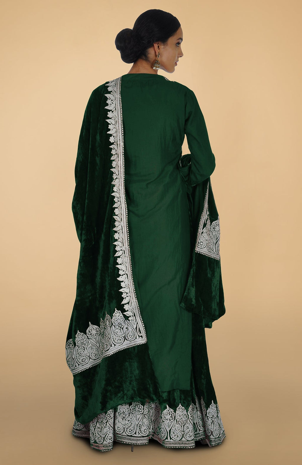 Emerald silk lehenga set with Kashmiri silver Tilla aari embroidery on kurta, lehenga, and dupatta
