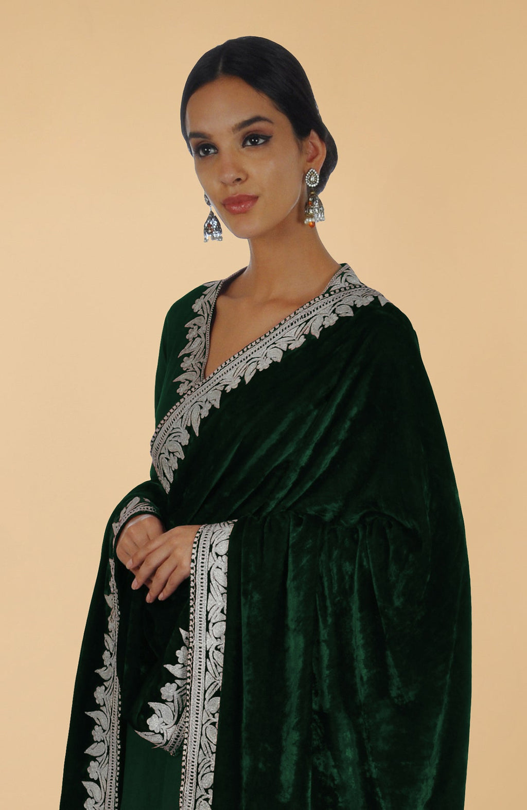 Emerald lehenga set with Kashmiri silver Tilla aari embroidery on silk kurta, velvet skirt, and dupatta