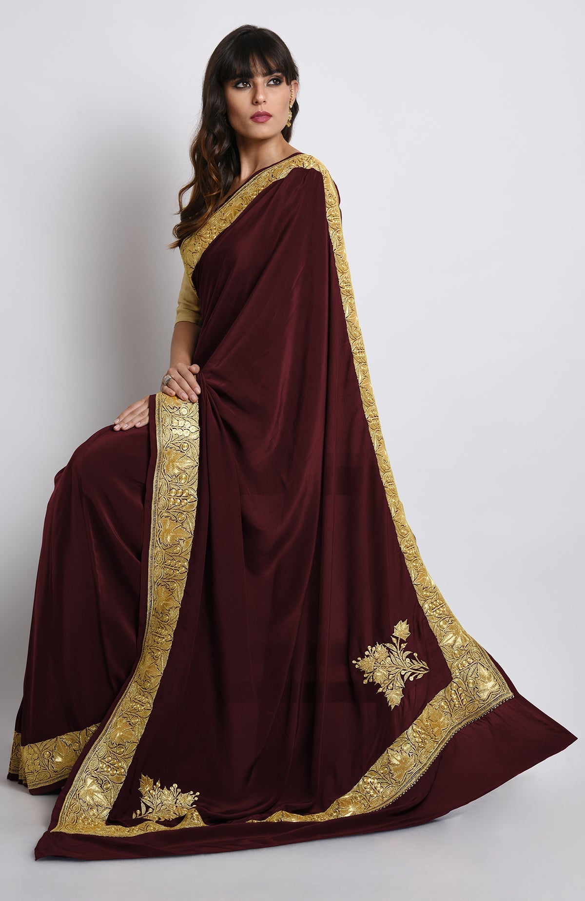 Midnight blue pure crepe saree with gold Kashmiri tilla embroidery on pallav and borders