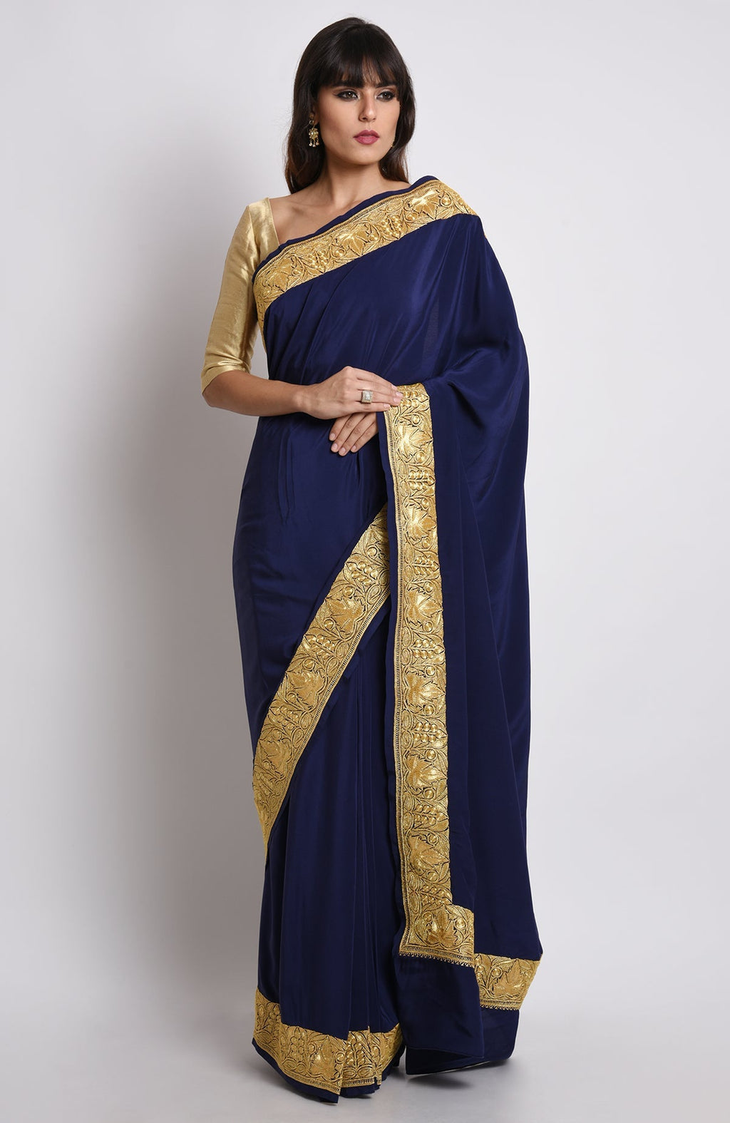 Midnight blue pure crepe saree with gold Kashmiri tilla embroidery on pallav and borders