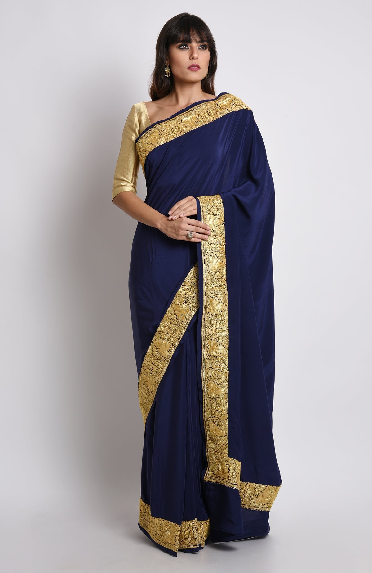 Midnight blue pure crepe saree with gold Kashmiri tilla embroidery on pallav and borders