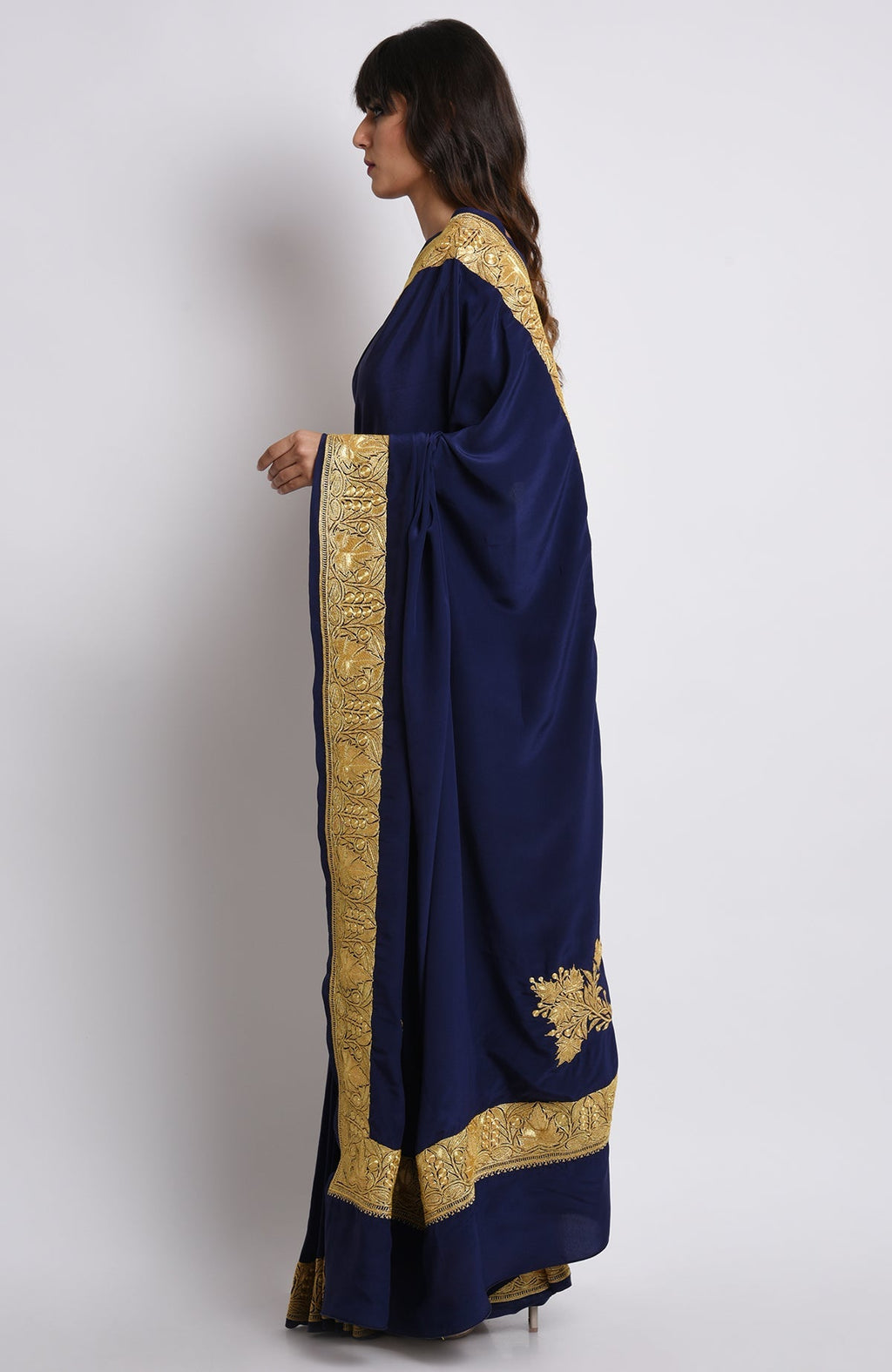 Midnight blue pure crepe saree with gold Kashmiri tilla embroidery on pallav and borders