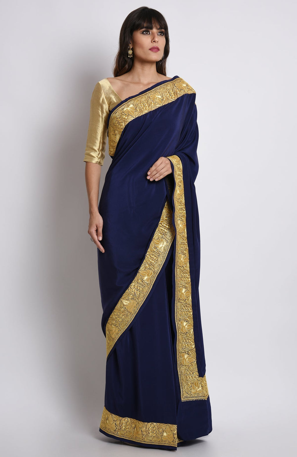 Midnight blue pure crepe saree with gold Kashmiri tilla embroidery on pallav and borders