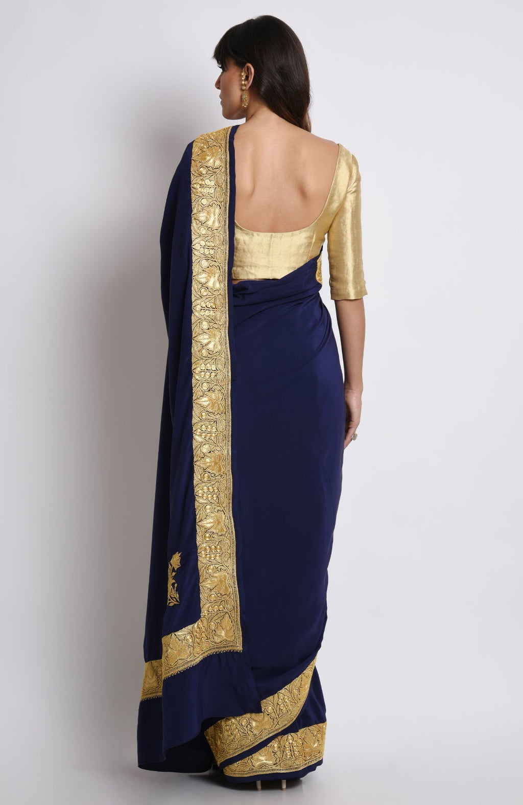 Midnight blue pure crepe saree with gold Kashmiri tilla embroidery on pallav and borders