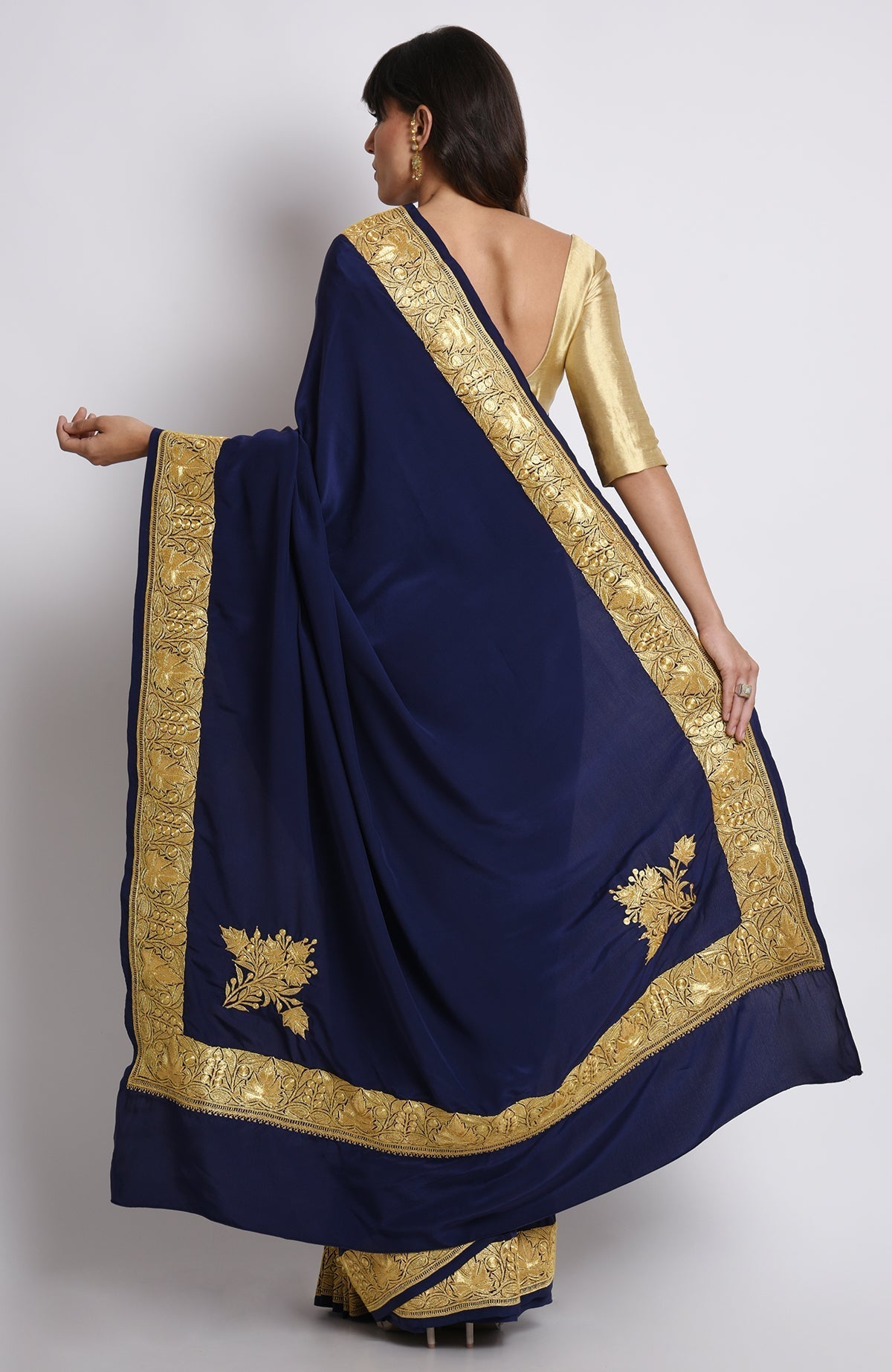 Midnight blue pure crepe saree with gold Kashmiri tilla embroidery on pallav and borders