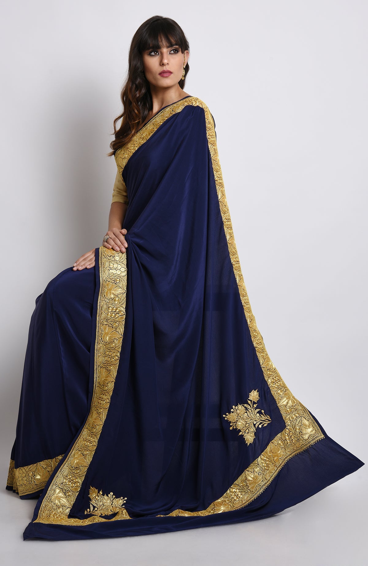 Midnight blue pure crepe saree with gold Kashmiri tilla embroidery on pallav and borders