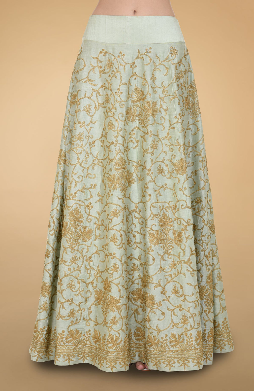 Sage green raw silk lehenga set with gold Kashmiri tilla aari embroidery and net dupatta