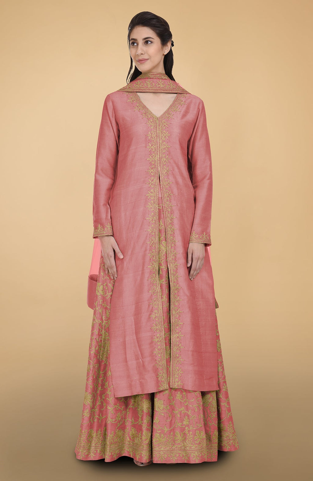 Peach echo raw silk lehenga set with gold Kashmiri tilla aari embroidery and net dupatta