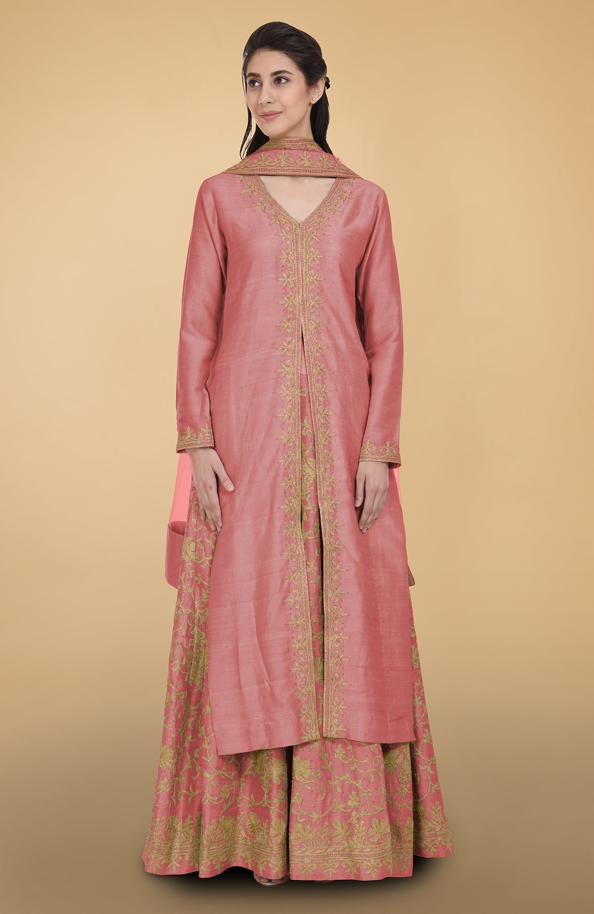 Peach echo raw silk lehenga set with gold Kashmiri tilla aari embroidery and net dupatta