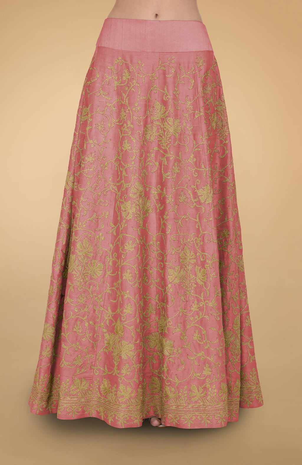 Peach echo raw silk lehenga set with gold Kashmiri tilla aari embroidery and net dupatta