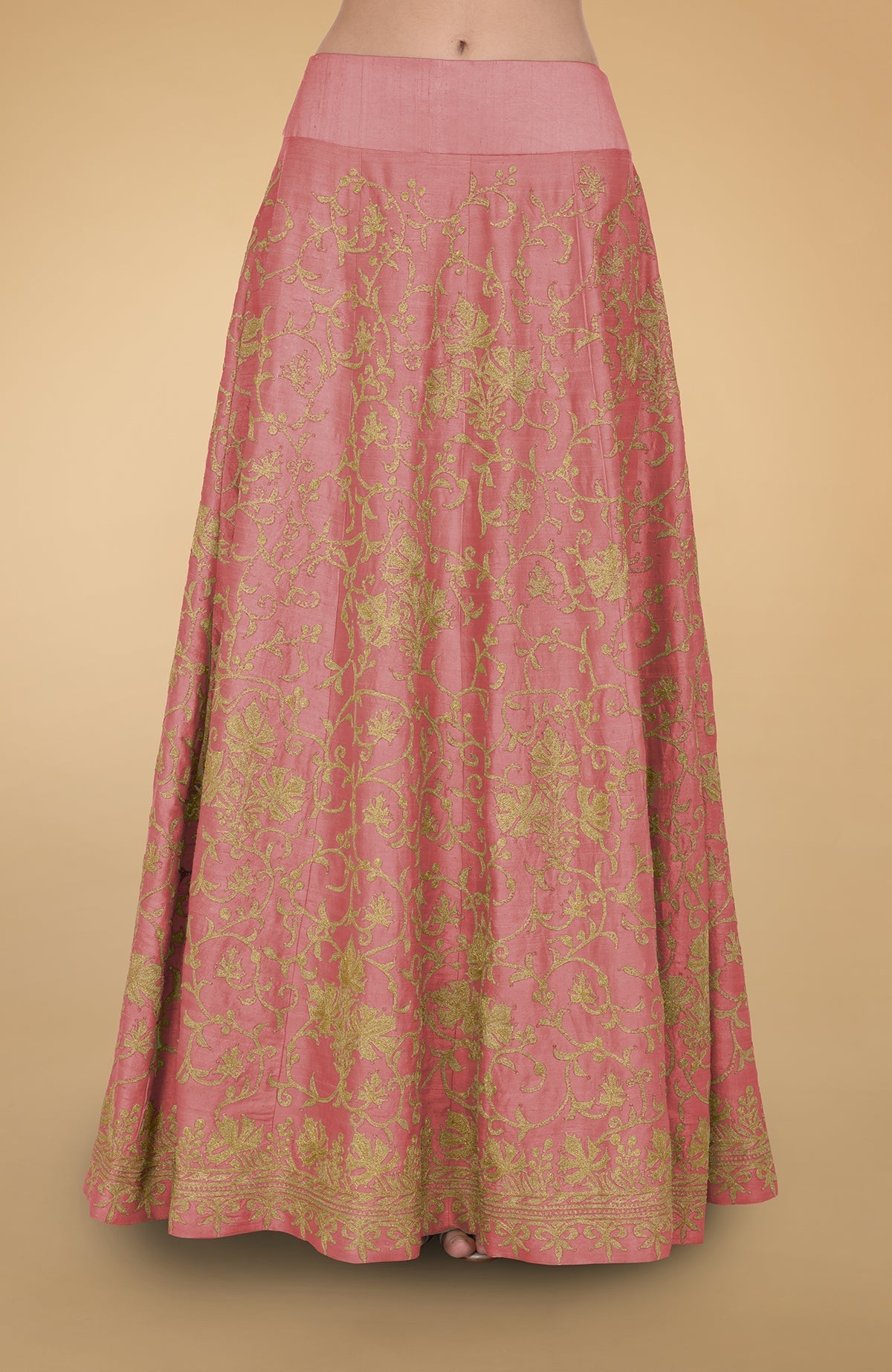Peach echo raw silk lehenga set with gold Kashmiri tilla aari embroidery and net dupatta