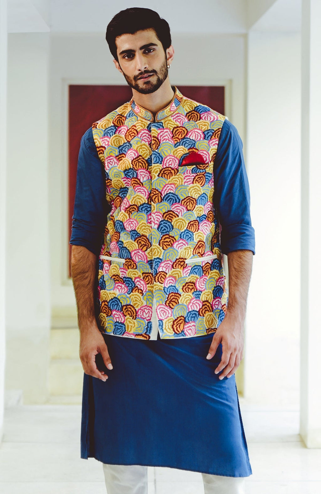 Multicolor floral embroidered silk bandi jacket with tonal buttons and double welt pockets