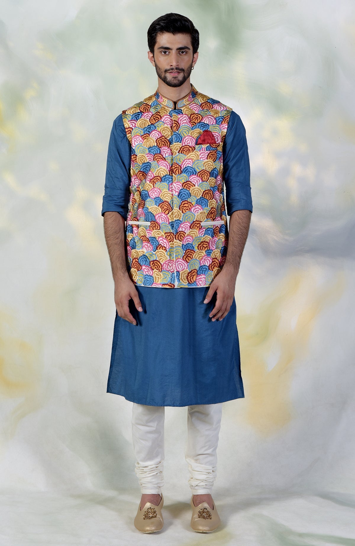 Multicolor floral embroidered silk bandi jacket with tonal buttons and double welt pockets