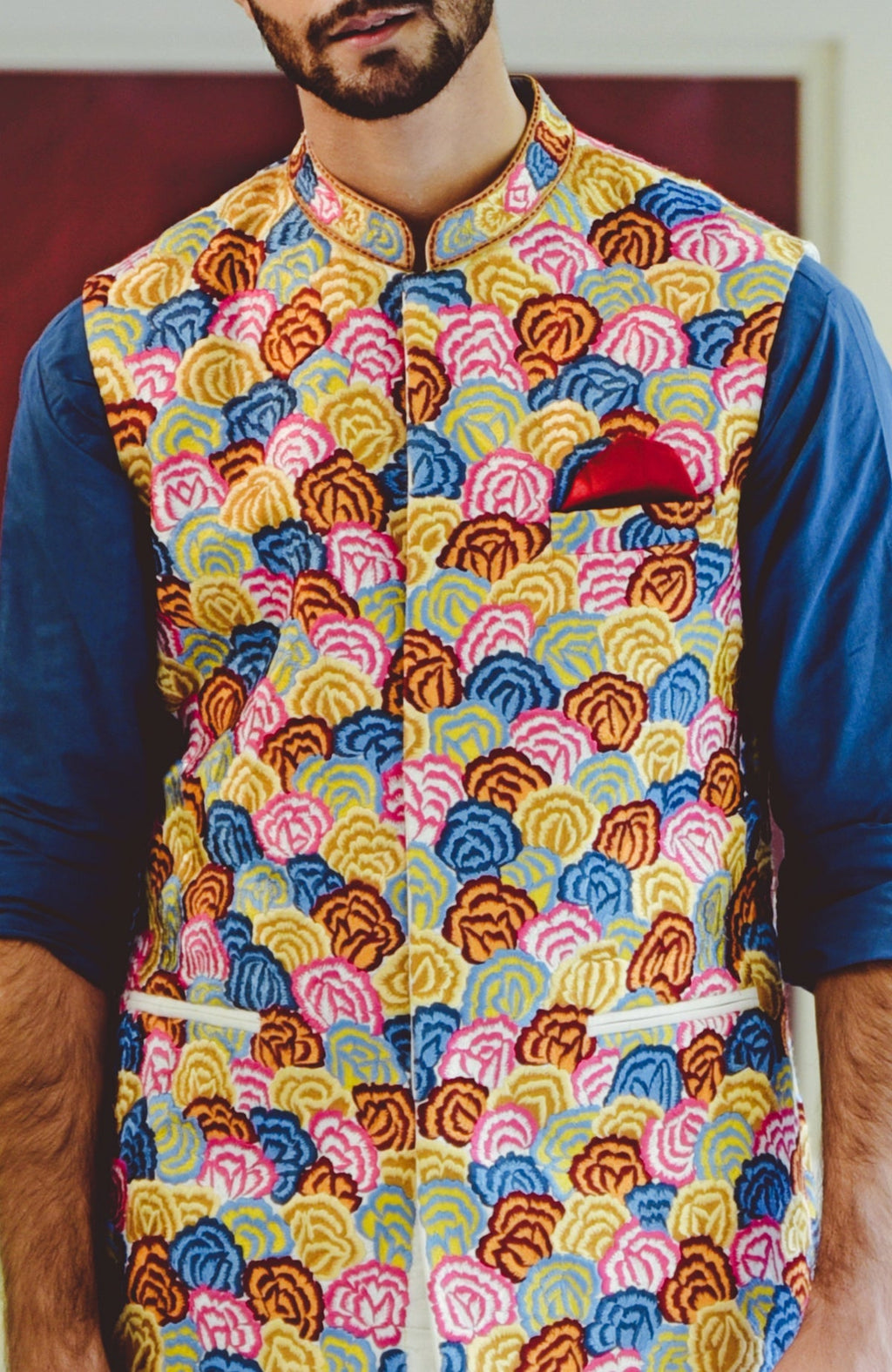 Multicolor floral embroidered silk bandi jacket with tonal buttons and double welt pockets