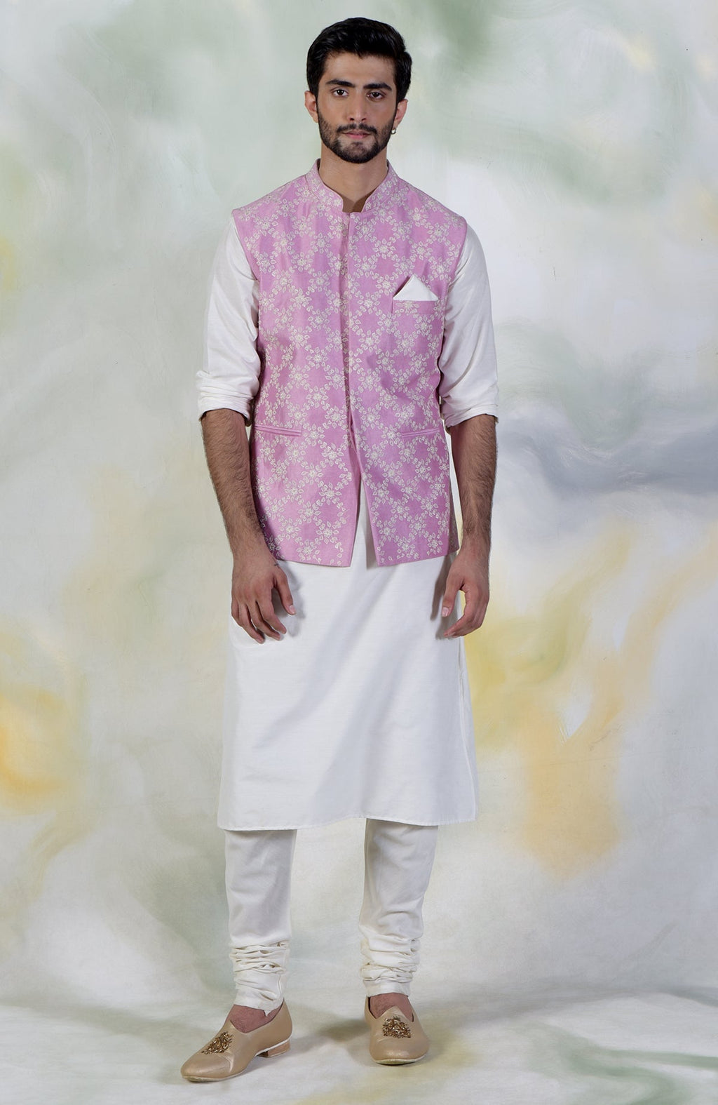 Onion pink silk bandi jacket with beige and ivory floral embroidery and tonal buttons.