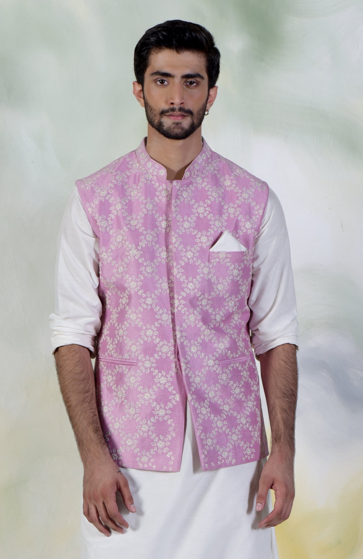 Onion pink silk bandi jacket with beige and ivory floral embroidery and tonal buttons.