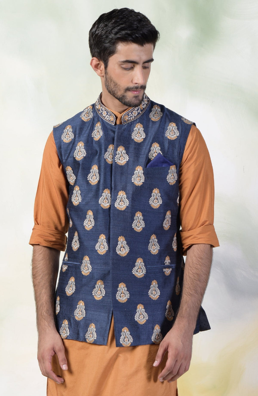 Navy blue silk bandi jacket with gold, ivory, and silver floral embroidery and tonal buttons.