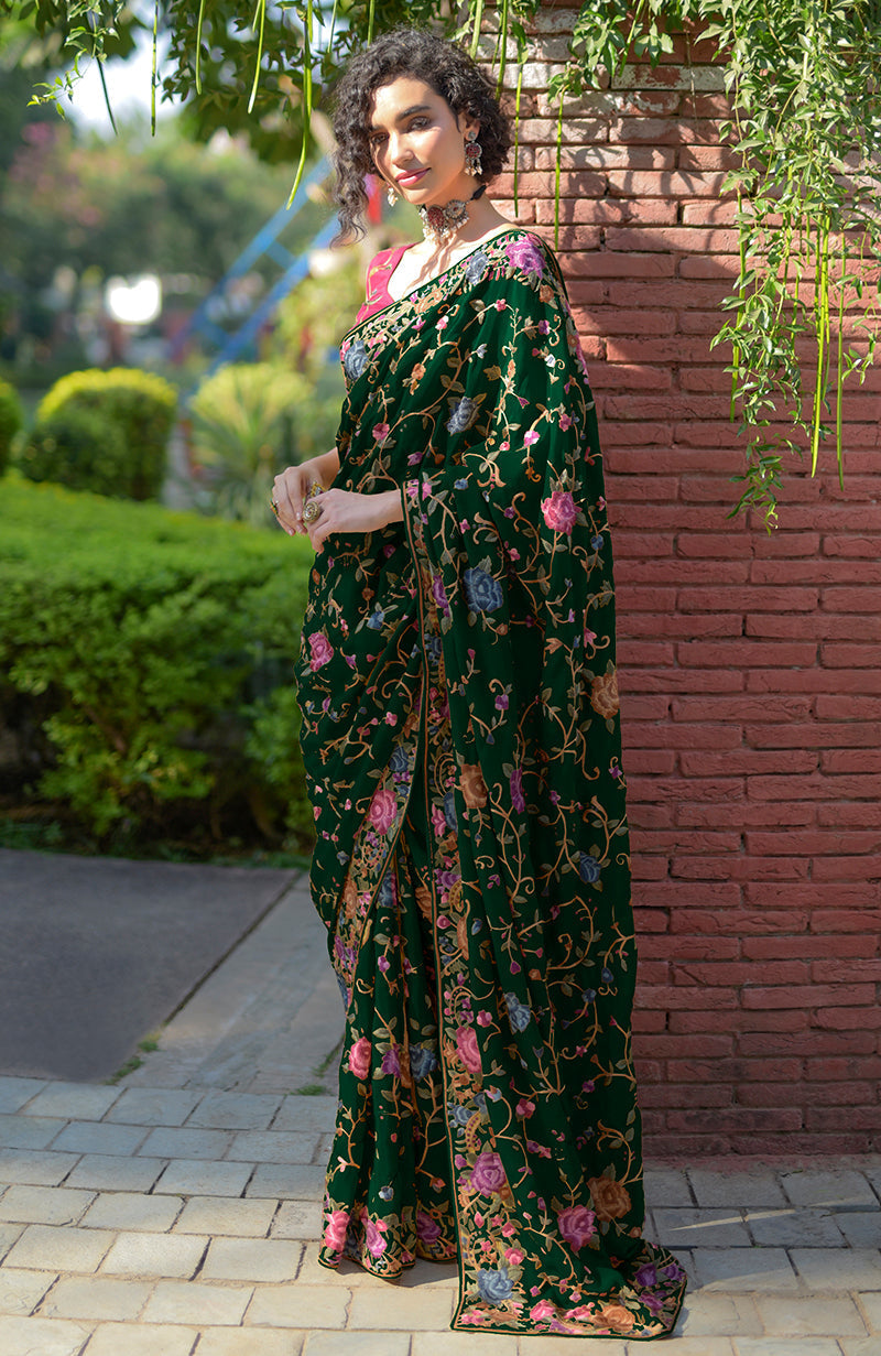 Emerald green floral Parsi Gara hand-embroidered saree.