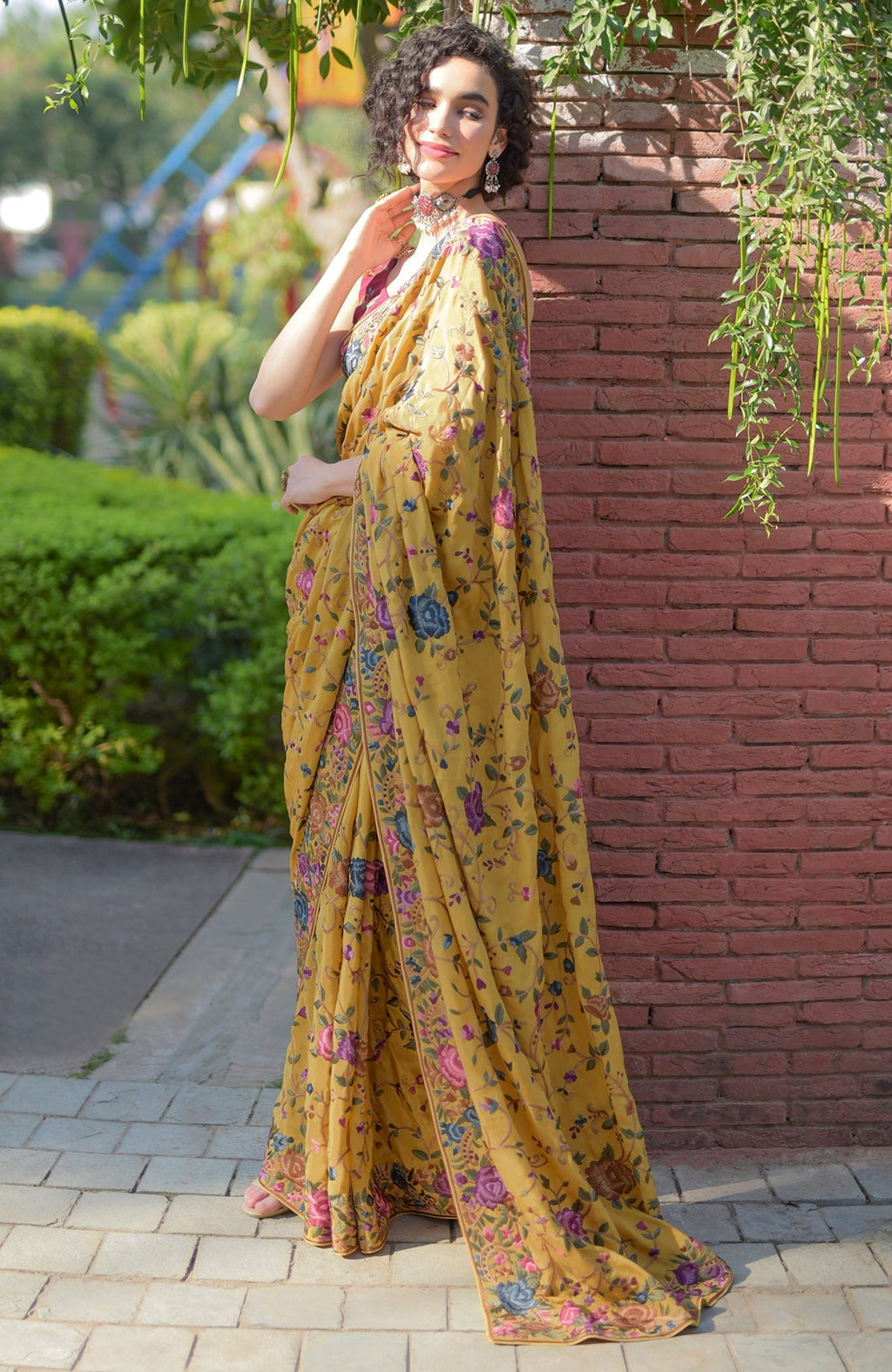 Masterpiece Calendula floral saree with hand-embroidered Parsi Gara flowers and birds on crepe fabric