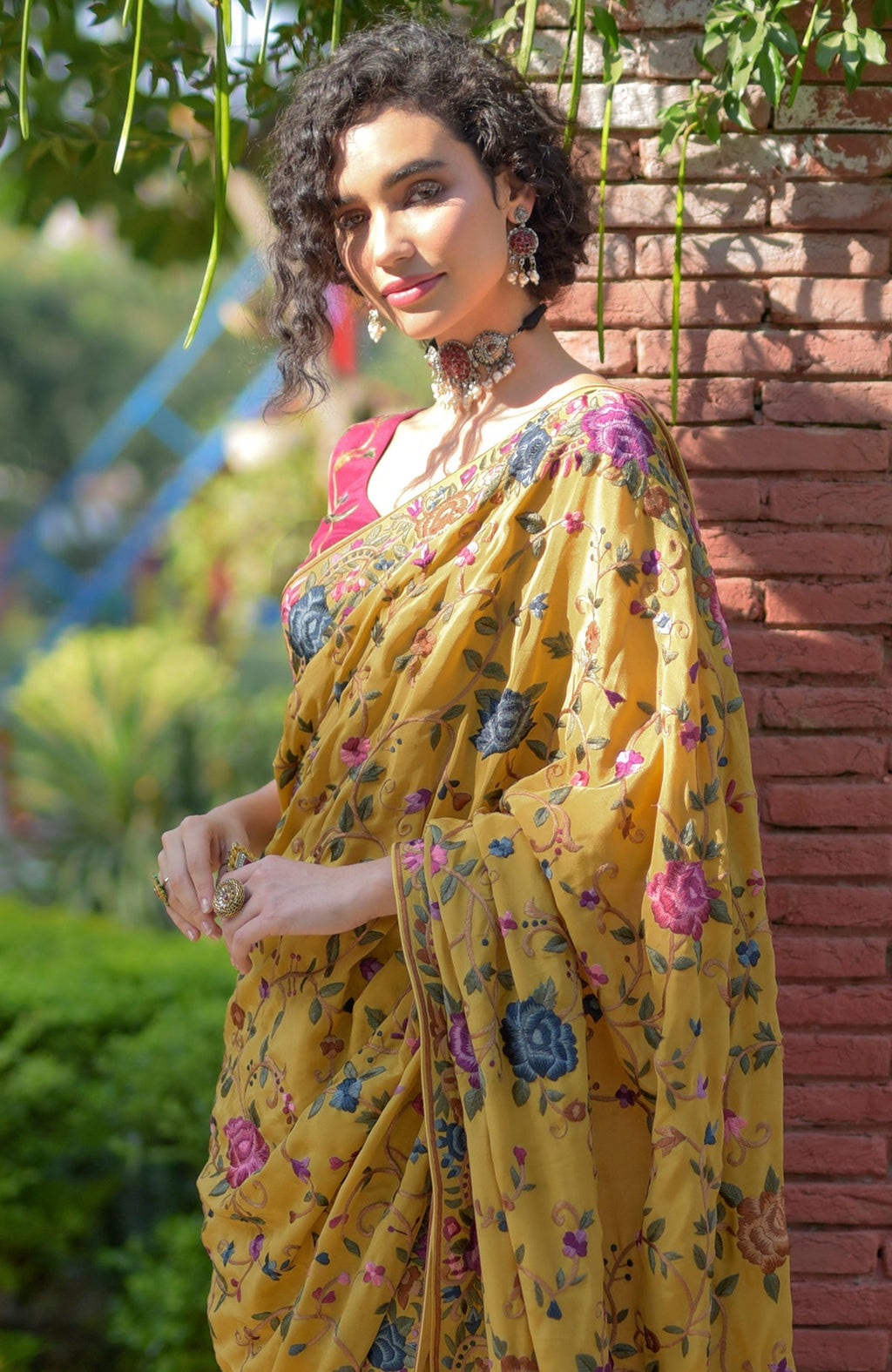 Masterpiece Calendula floral saree with hand embroidered Parsi Gara design and wine blouse piece