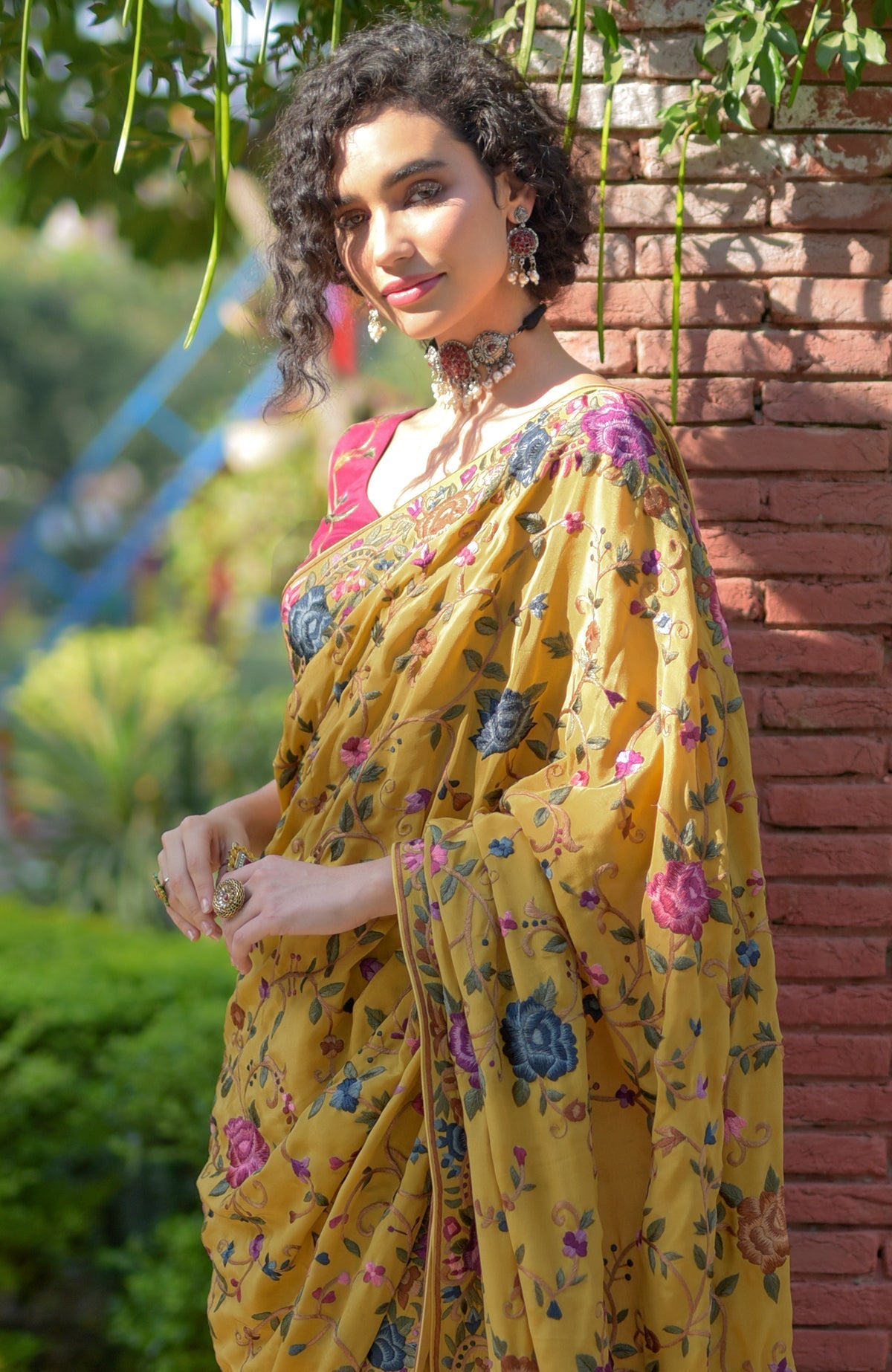 Masterpiece Calendula floral saree with hand embroidered Parsi Gara design and wine blouse piece