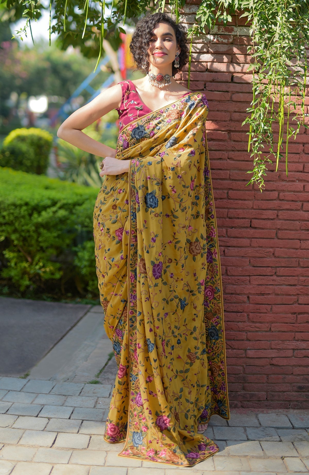 Masterpiece Calendula floral Parsi Gara hand embroidered saree with multicolor floral and bird motifs