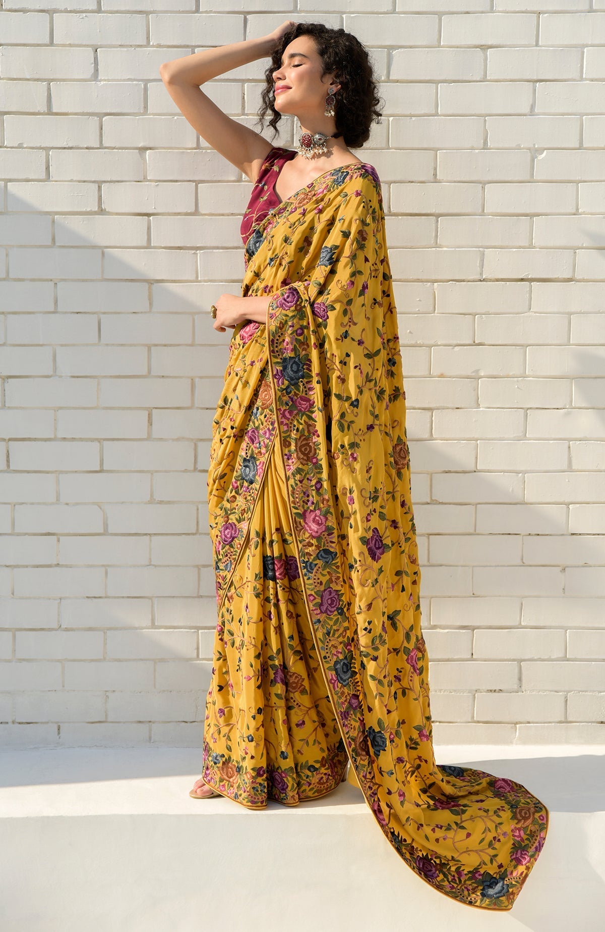 Masterpiece Calendula floral Parsi Gara hand embroidered saree with multi-color crepe fabric and blouse