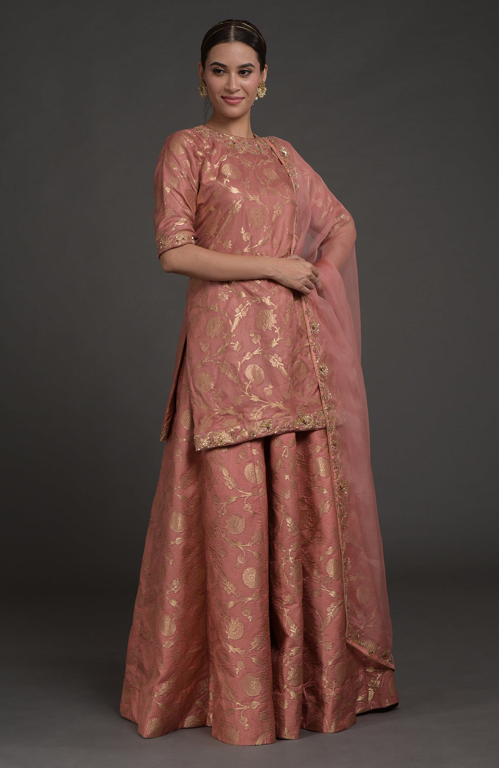 Gold Benarasi lehenga set with zardozi floral embroidery on tunic and dupatta