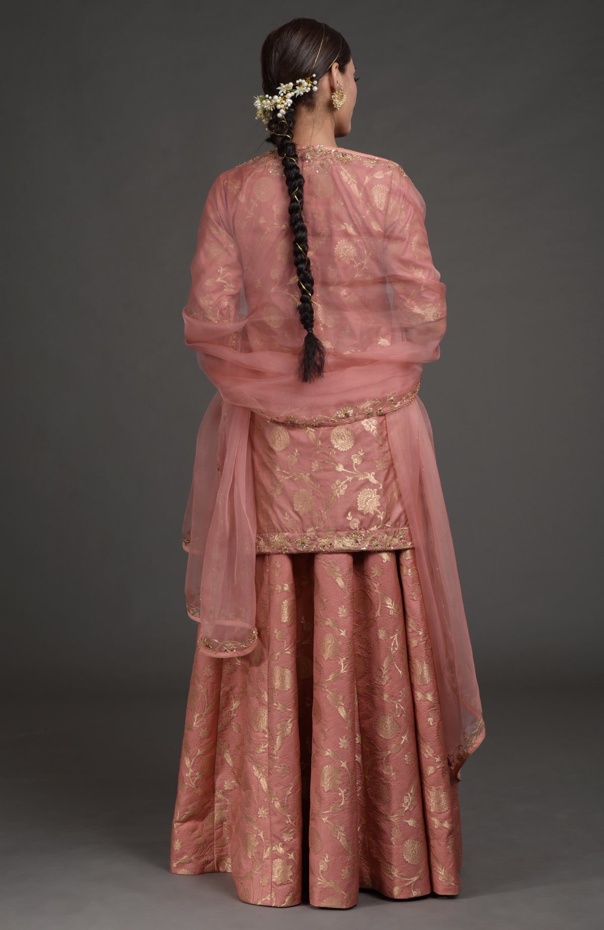 Desert Rose gold Benarasi lehenga with zardozi and beaded crystal floral embroidery on tunic and dupatta