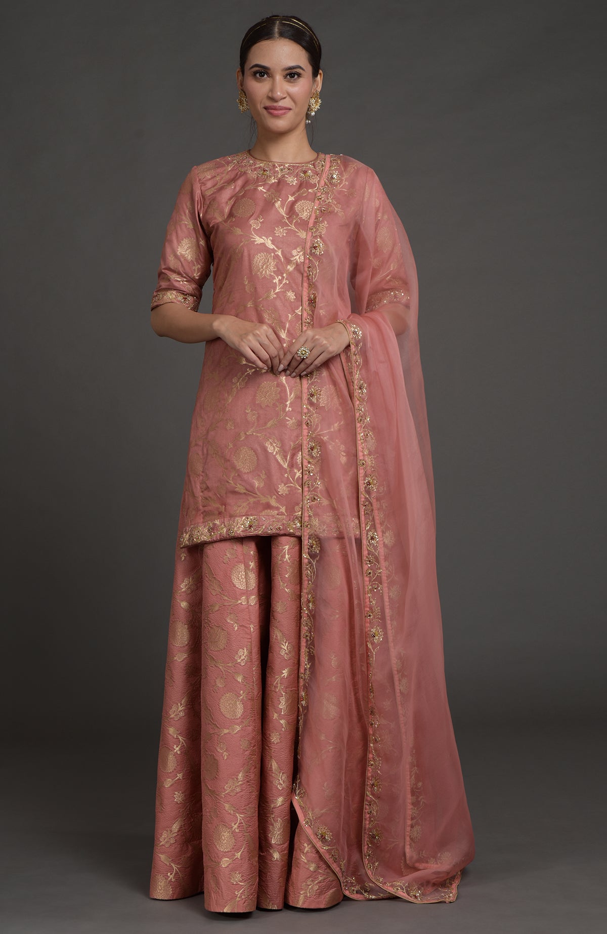 Desert Rose gold Benarasi lehenga with zardozi embroidered tunic and dupatta with floral details