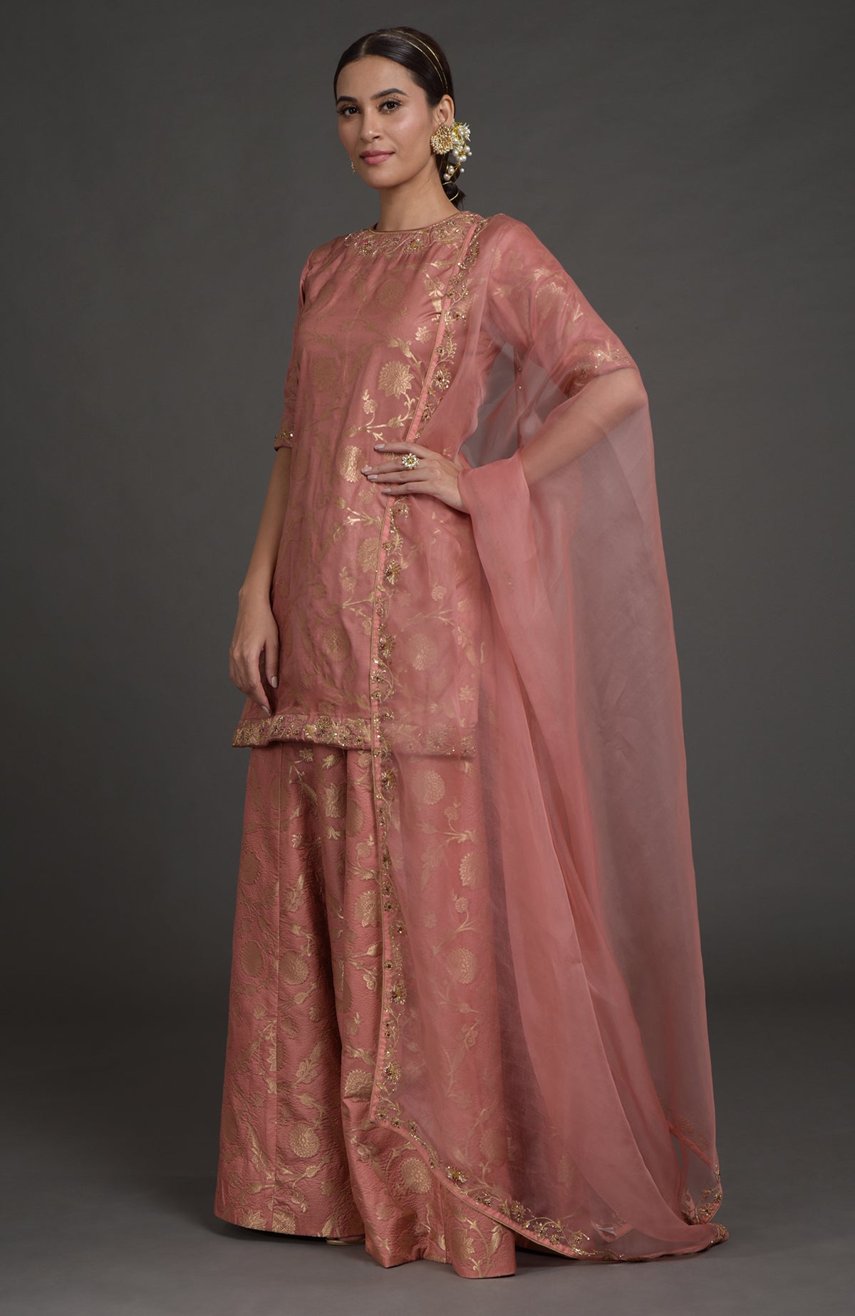 Gold Benarasi weave lehenga with zardozi and beaded crystal floral embroidery on tunic and dupatta
