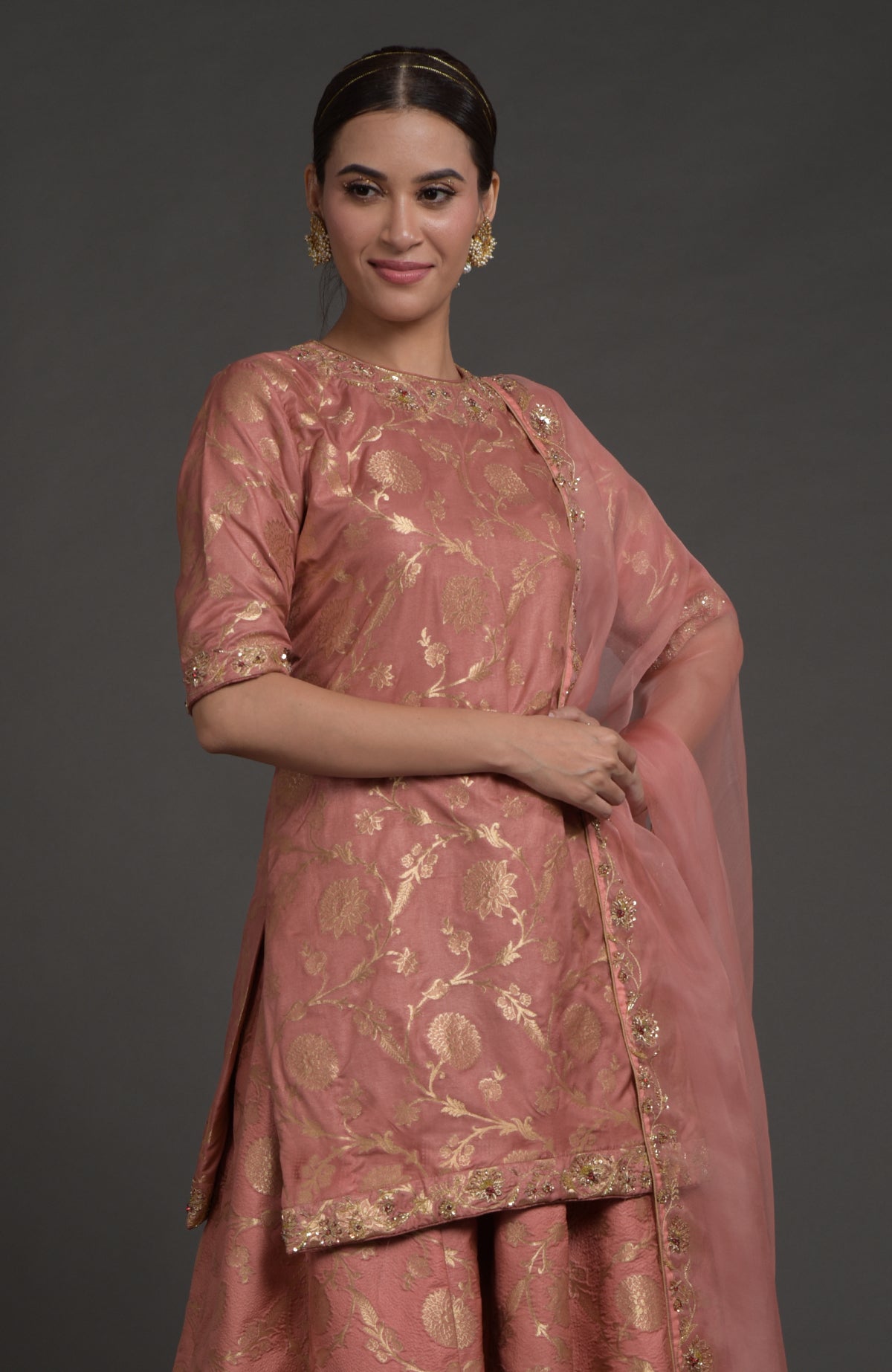 Gold Desert Rose Benarasi lehenga set with zardozi and beaded crystal floral embroidery