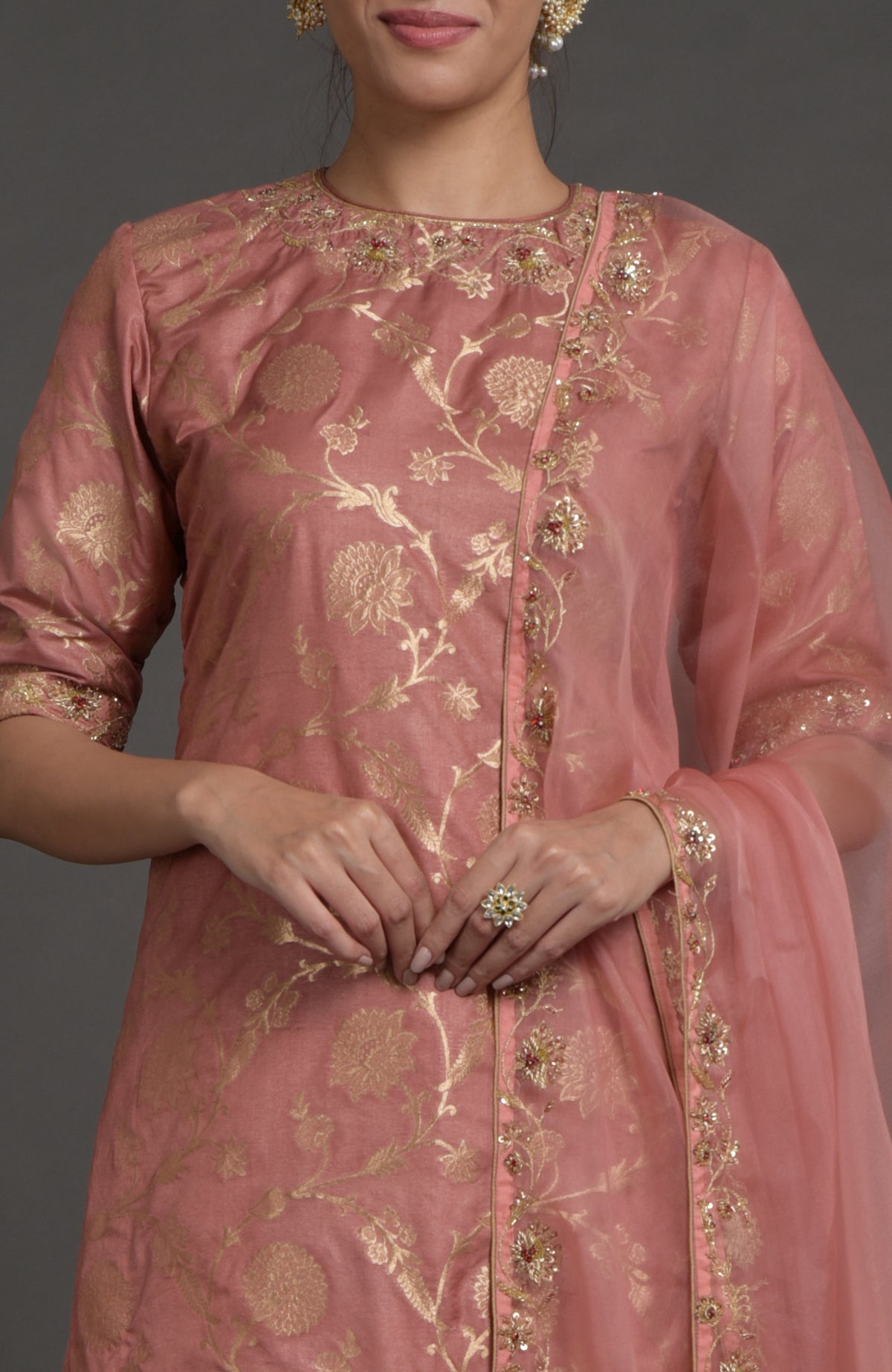 Desert Rose gold Benarasi lehenga with zardozi embroidery on tunic and dupatta
