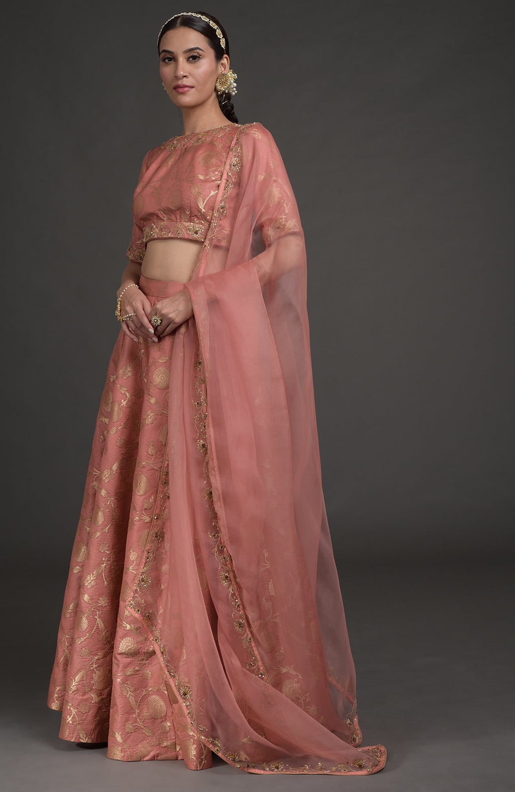 Desert rose-gold Benarasi lehenga set with zardozi and crystal floral embroidery on blouse and dupatta