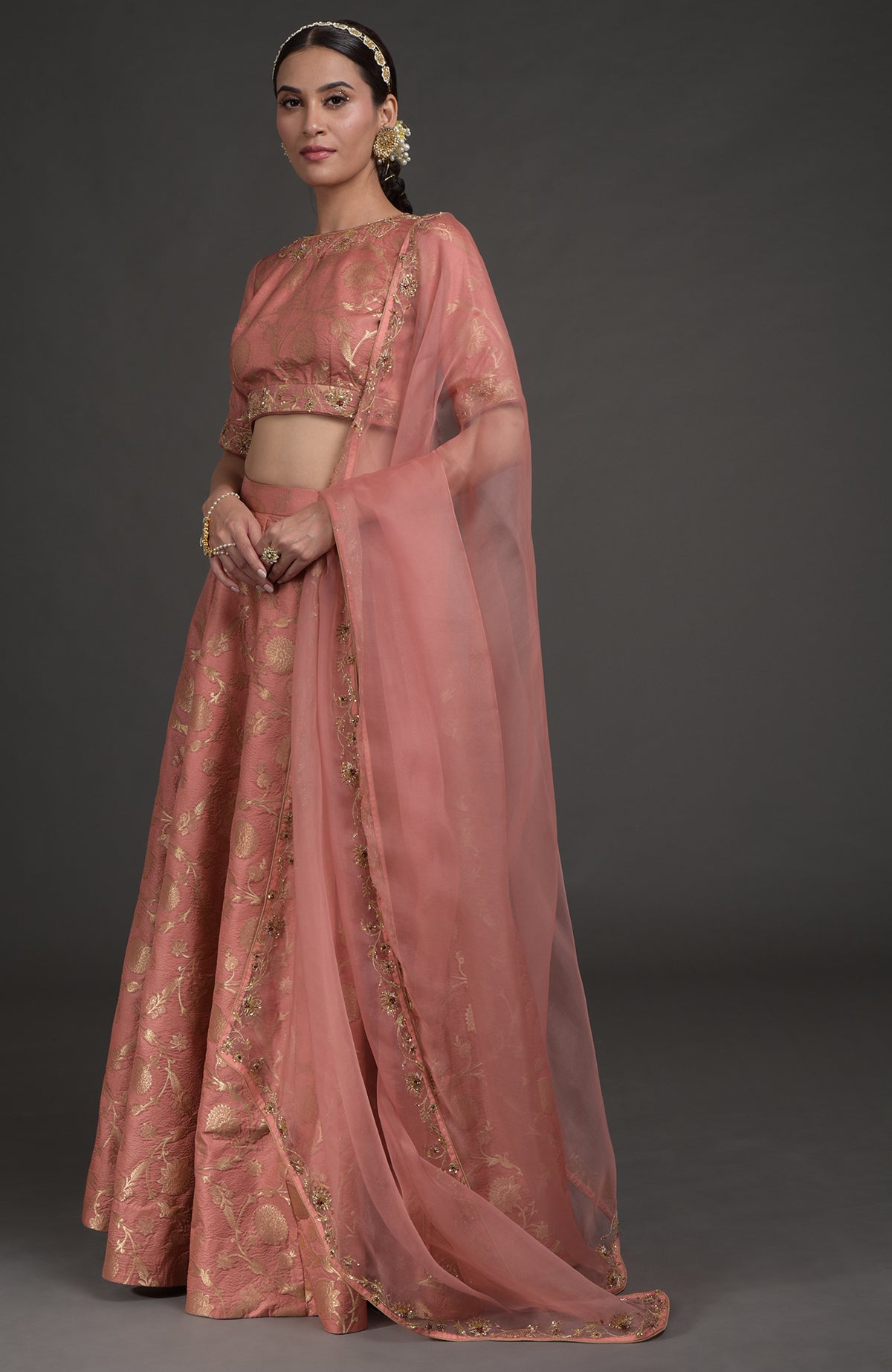 Desert rose-gold Benarasi lehenga set with zardozi and crystal floral embroidery on blouse and dupatta