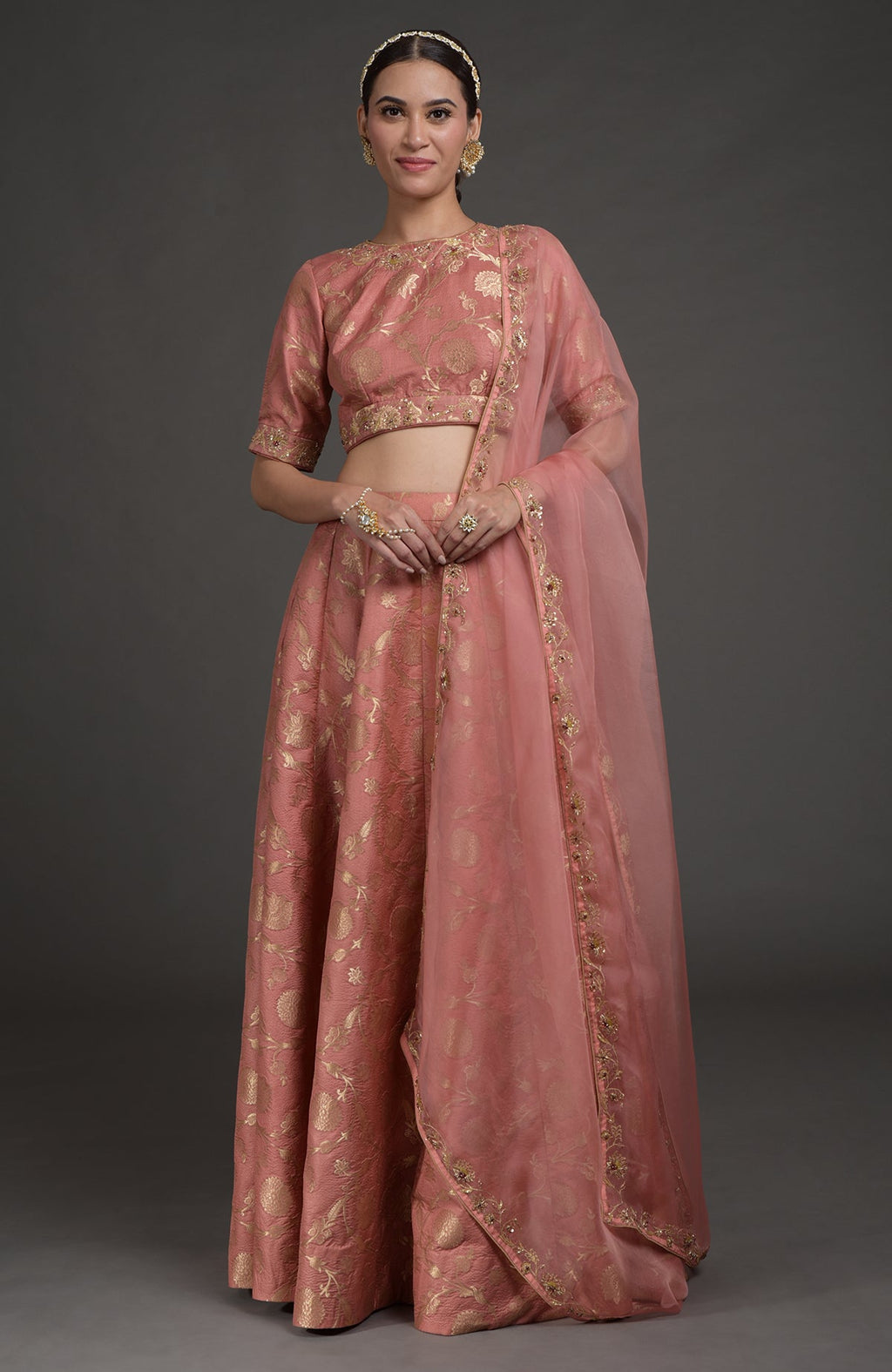 Desert Rose-gold lehenga set with Benares weave and zardozi floral embroidery on blouse and dupatta