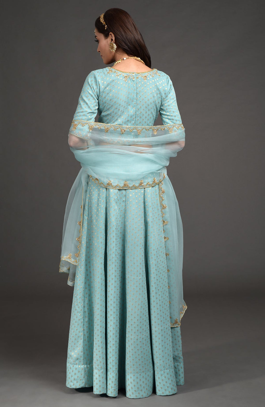 Aqua haze lehenga set with gold Benares weave and floral zardozi hand embroidery on blouse and dupatta