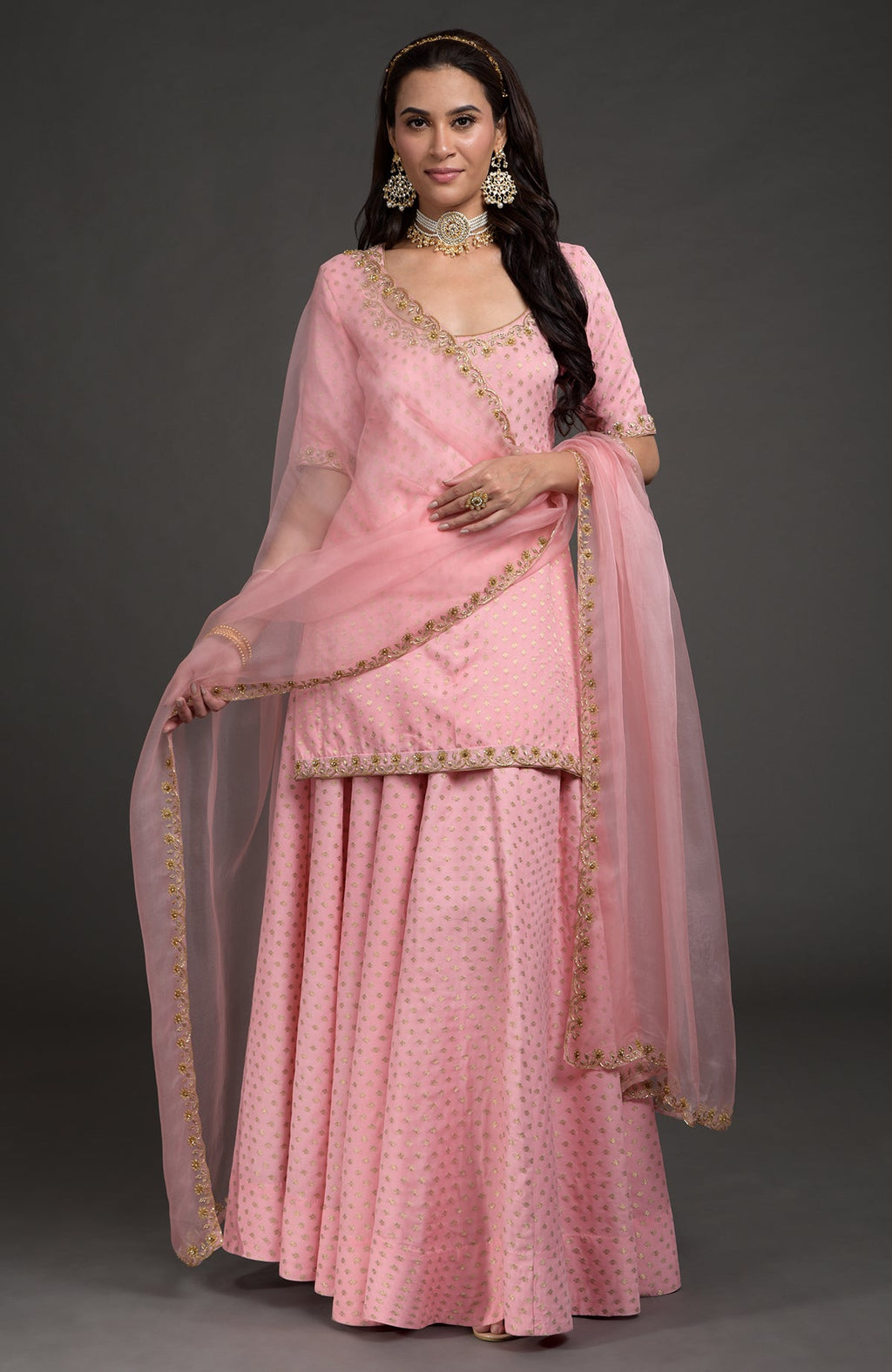 Strawberry pink Benarasi lehenga set with gold zardozi embroidery and floral beadwork dupatta