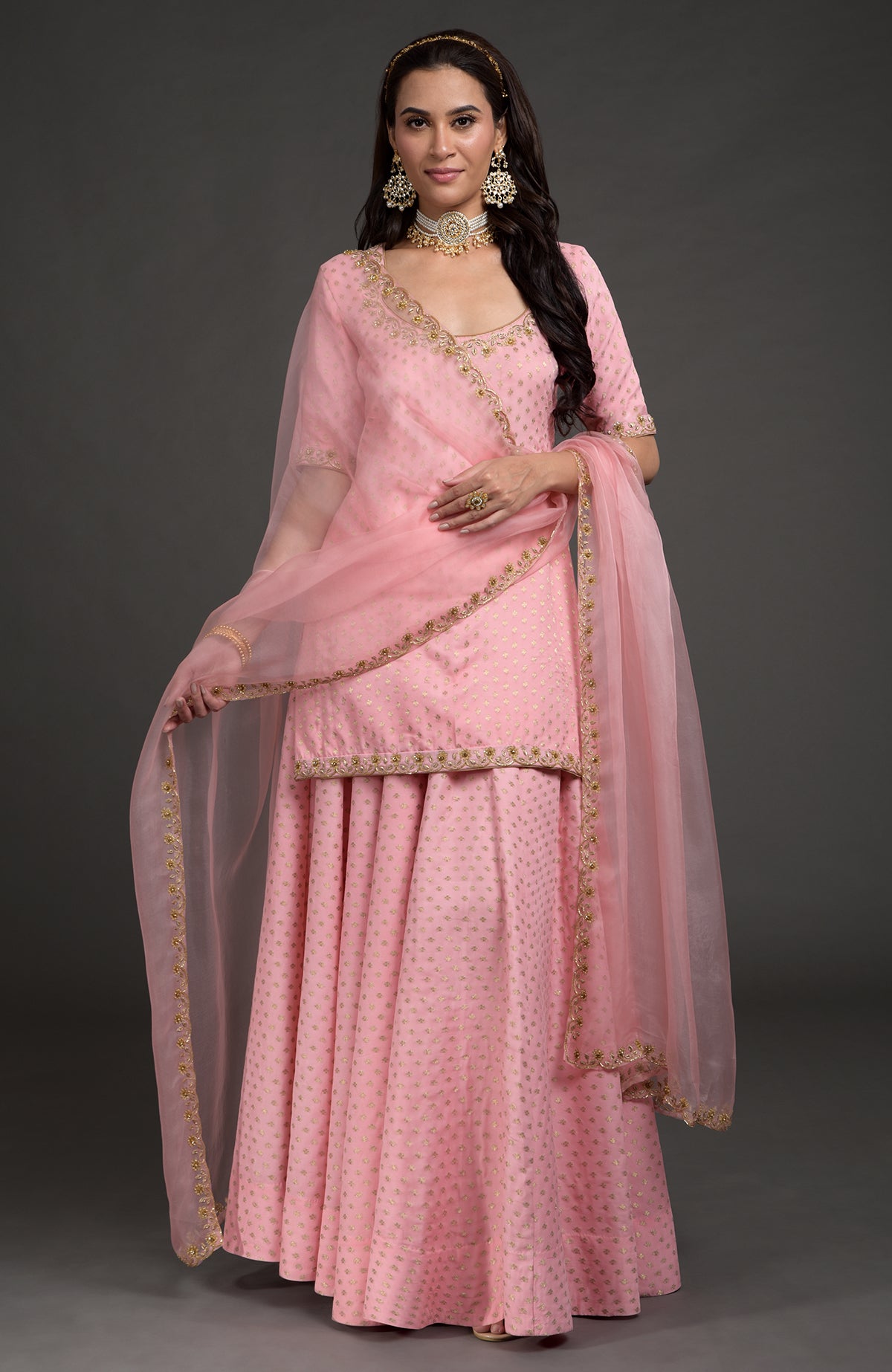 Strawberry pink Benarasi lehenga set with gold zardozi embroidery and floral beadwork dupatta