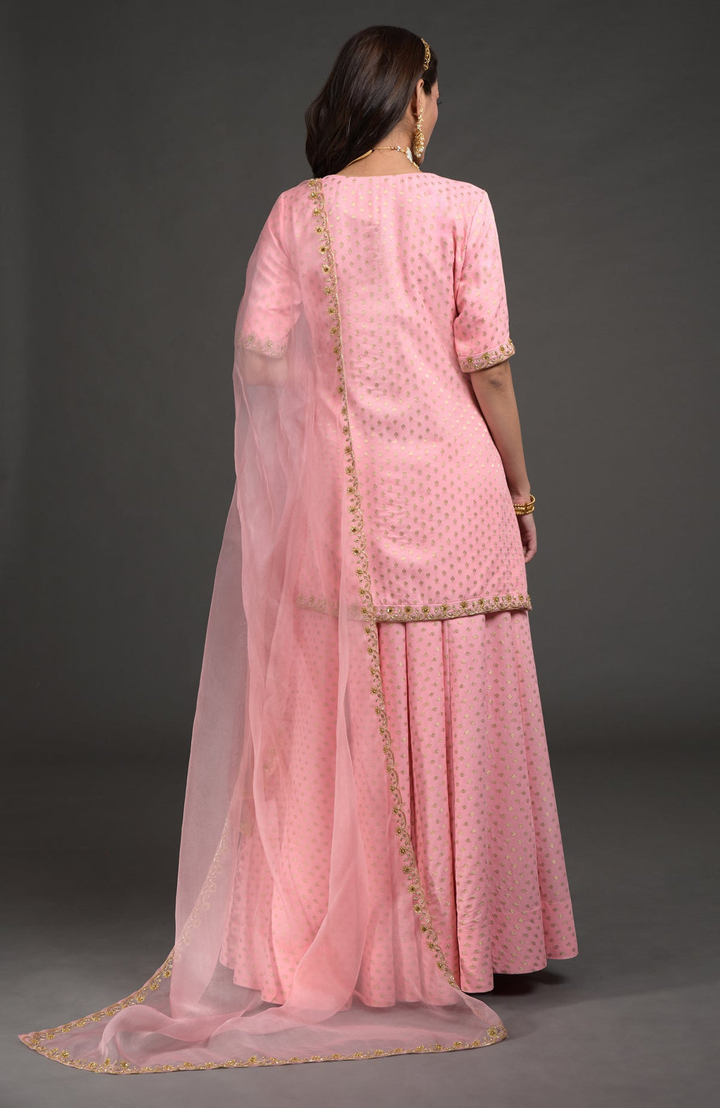 Strawberry pink Benarasi lehenga set with gold zardozi embroidery and floral beadwork on tunic and dupatta