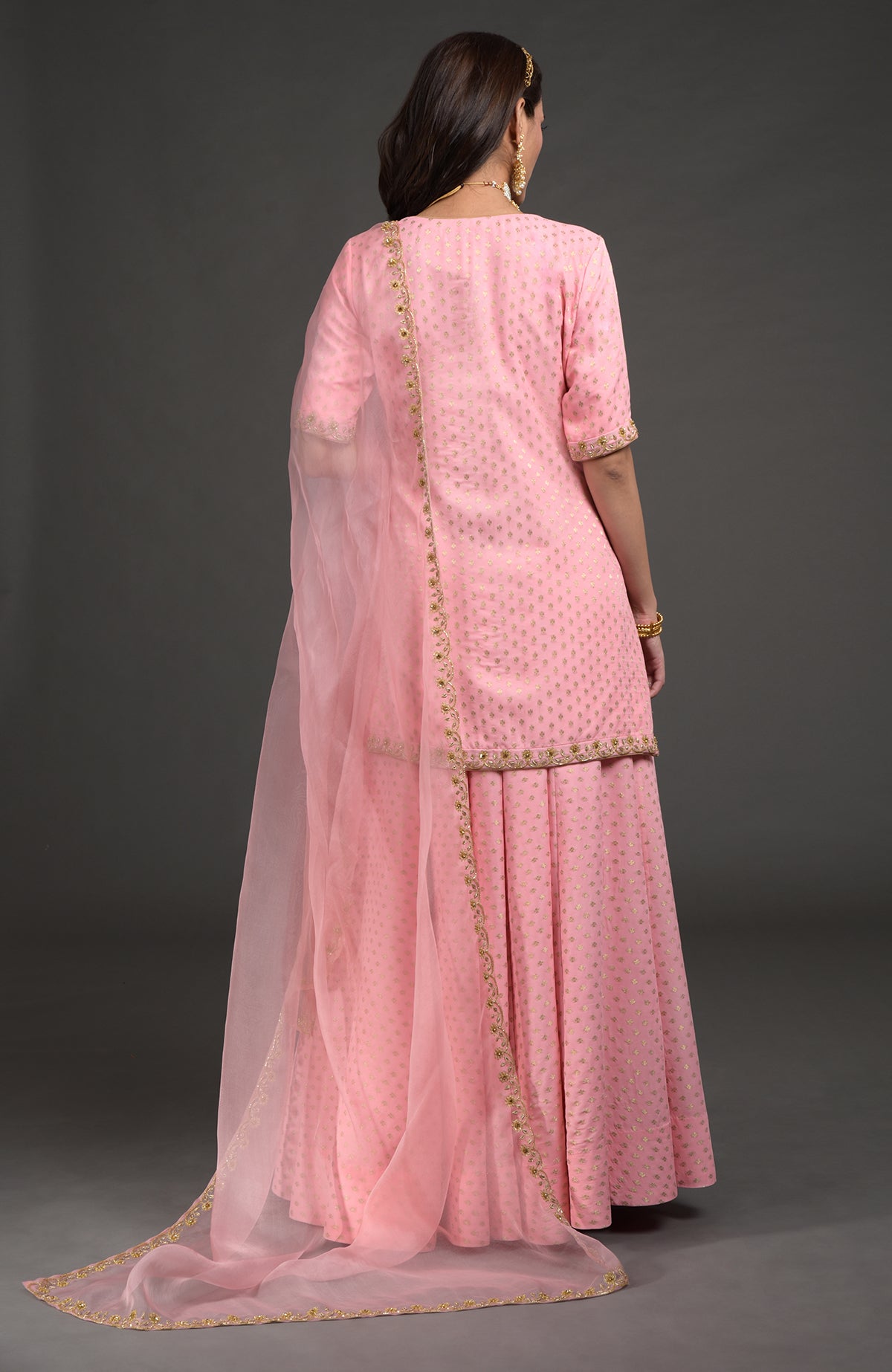 Strawberry pink Benarasi lehenga set with gold zardozi embroidery and floral beadwork on tunic and dupatta