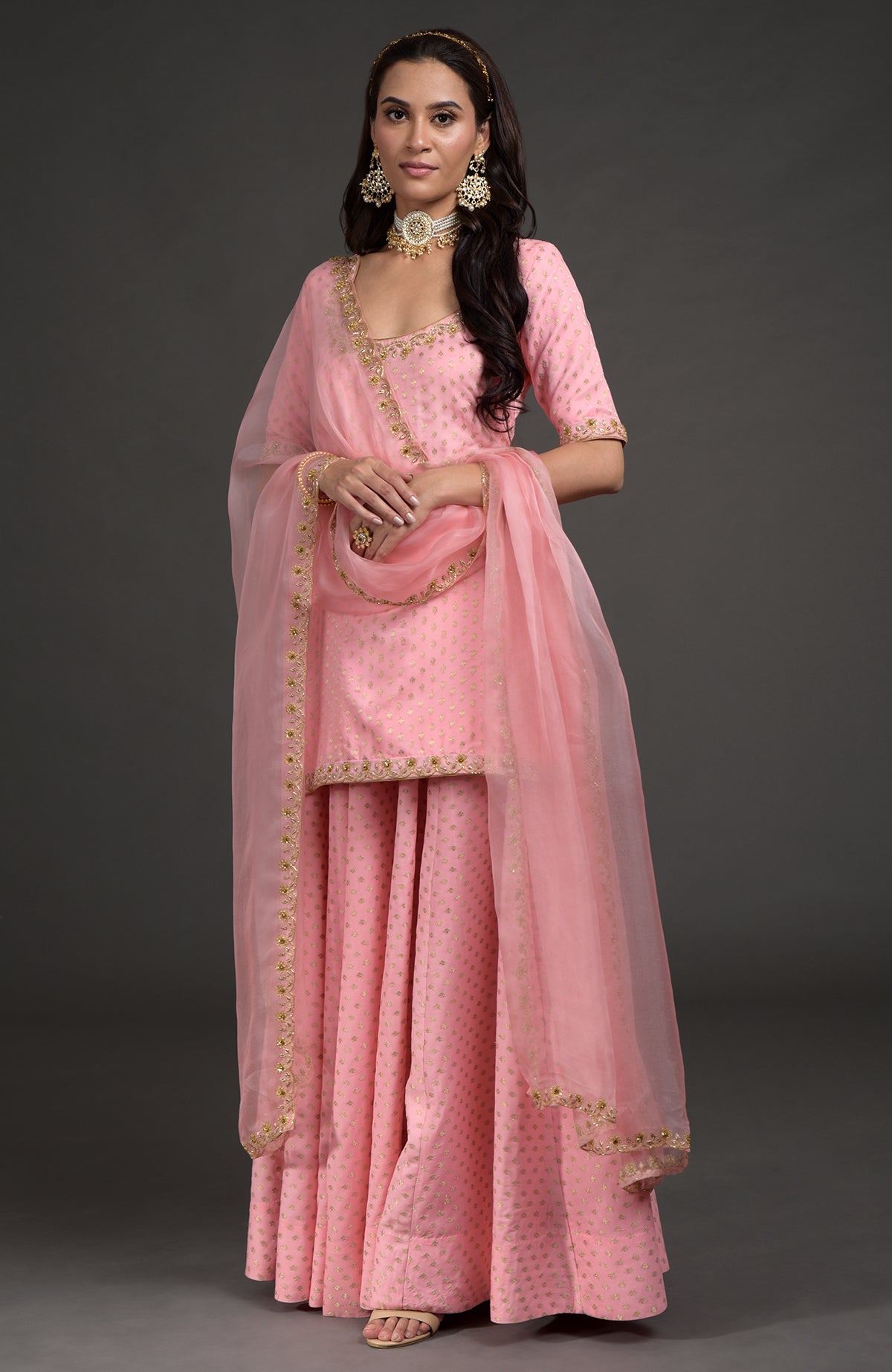 Strawberry pink Benarasi lehenga set with gold zardozi embroidery and floral beadwork dupatta