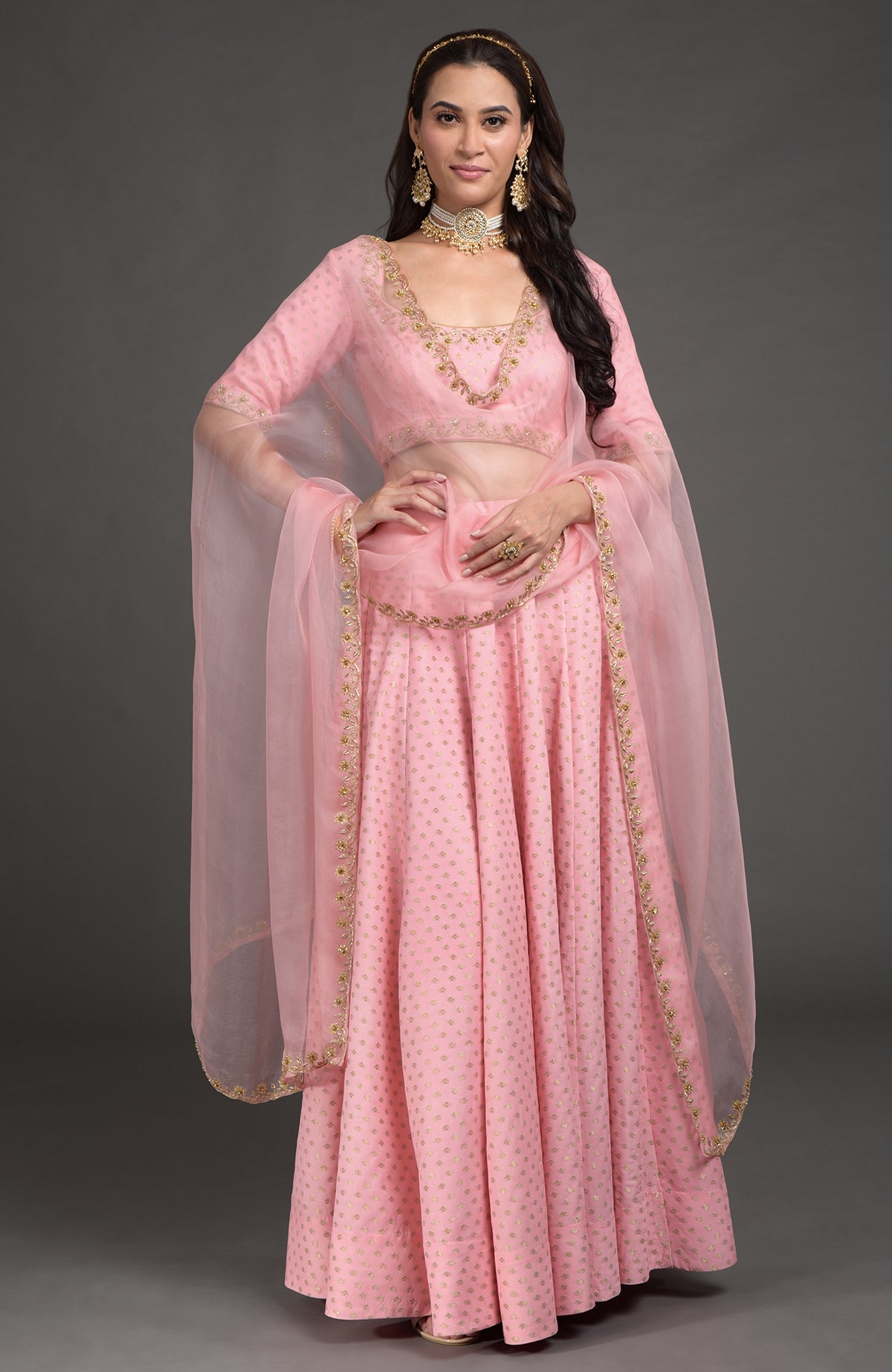 Strawberry pink Benarasi lehenga set with gold zardozi embroidery and bead crystal floral details