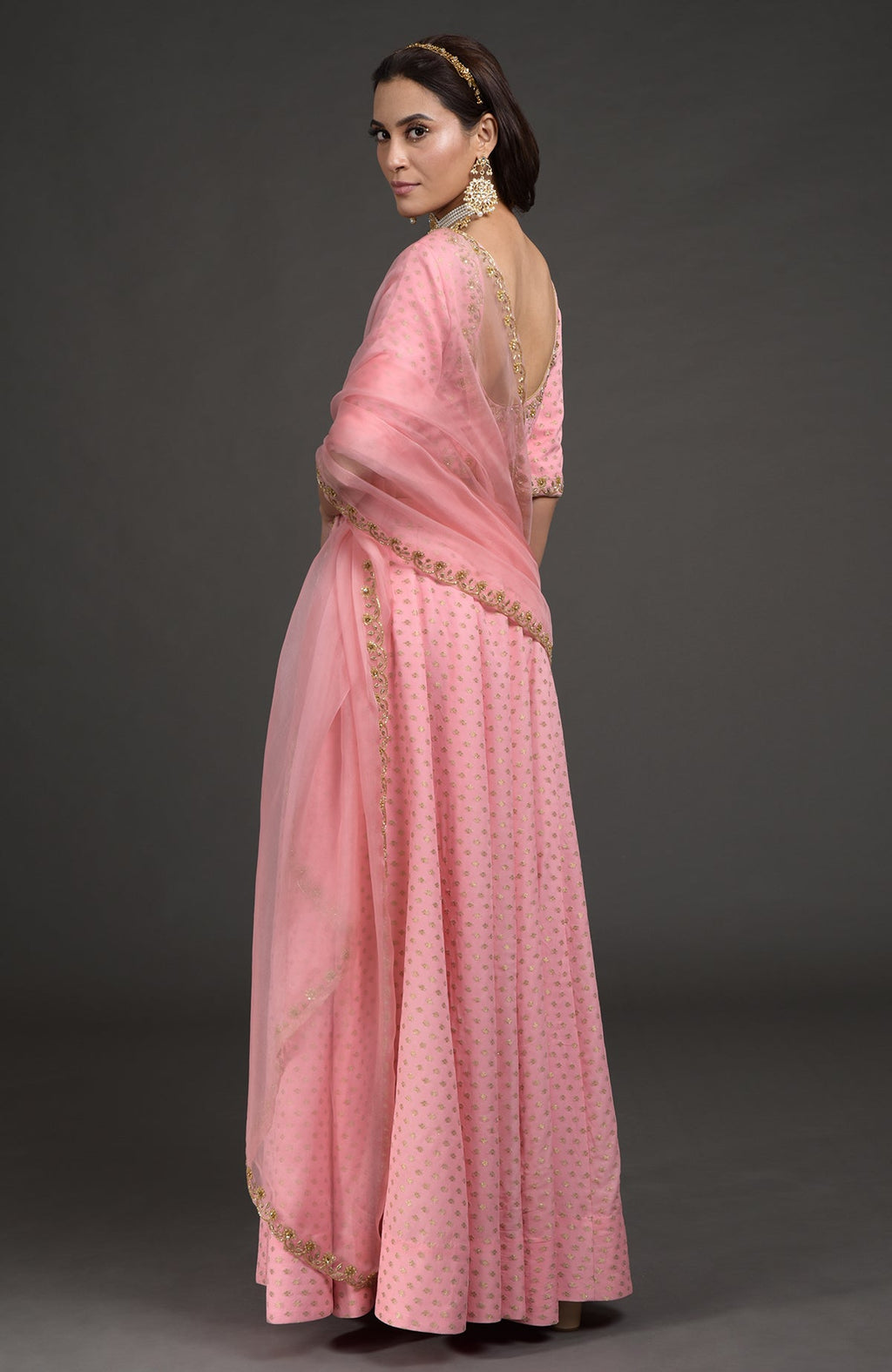 Strawberry pink Benarasi lehenga set with gold zardozi embroidery and bead crystal floral details