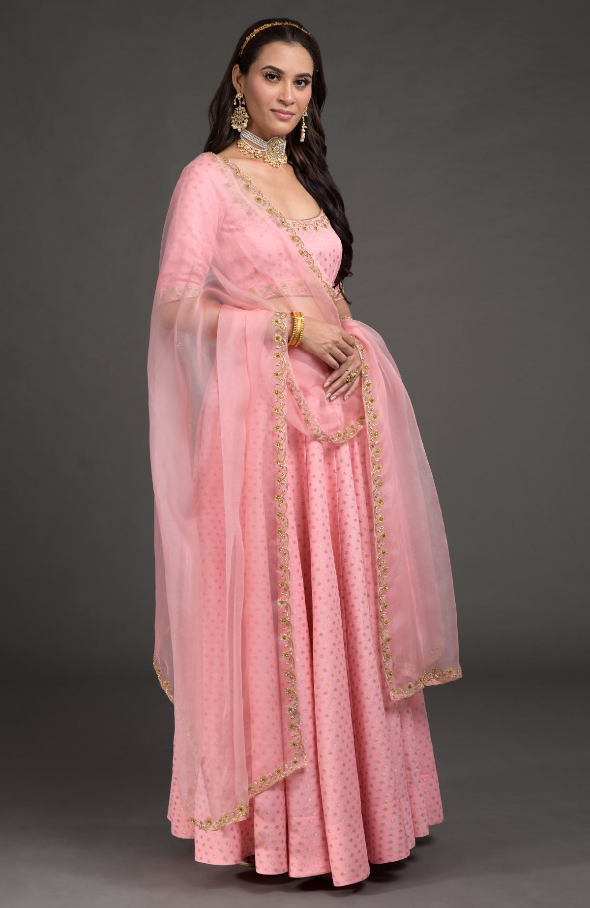 Strawberry pink Benarasi lehenga set with gold zardozi and bead crystal floral embroidery