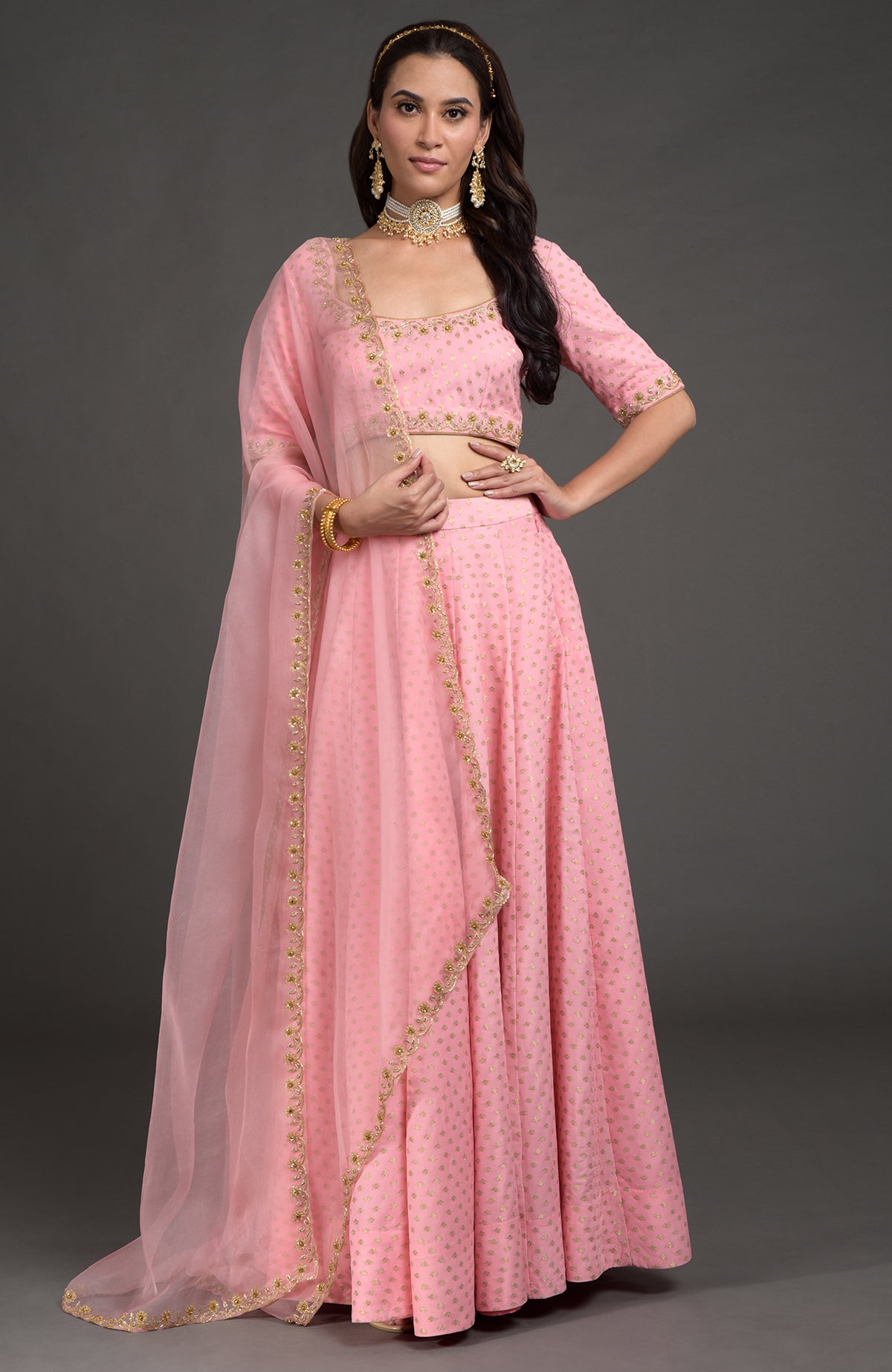 Strawberry pink Benarasi lehenga set with gold zardozi and bead crystal floral embroidery
