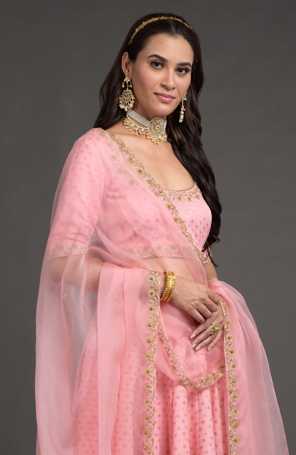 Strawberry pink Benarasi lehenga set with gold zardozi embroidery and bead crystal floral details