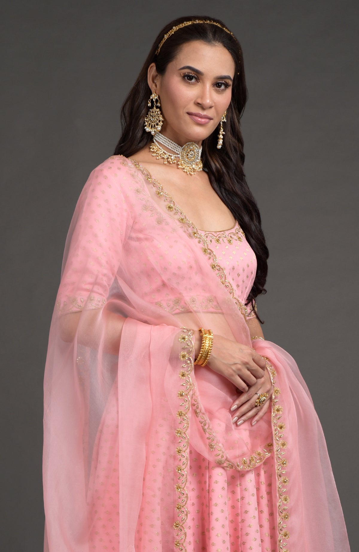 Strawberry pink Benarasi lehenga set with gold zardozi embroidery and bead crystal floral details