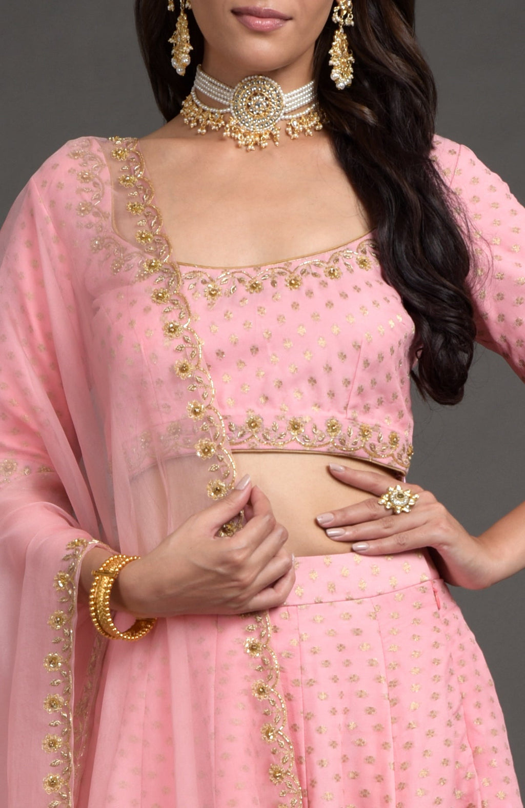Strawberry pink Benarasi lehenga set with gold zardozi embroidery and bead crystal floral details